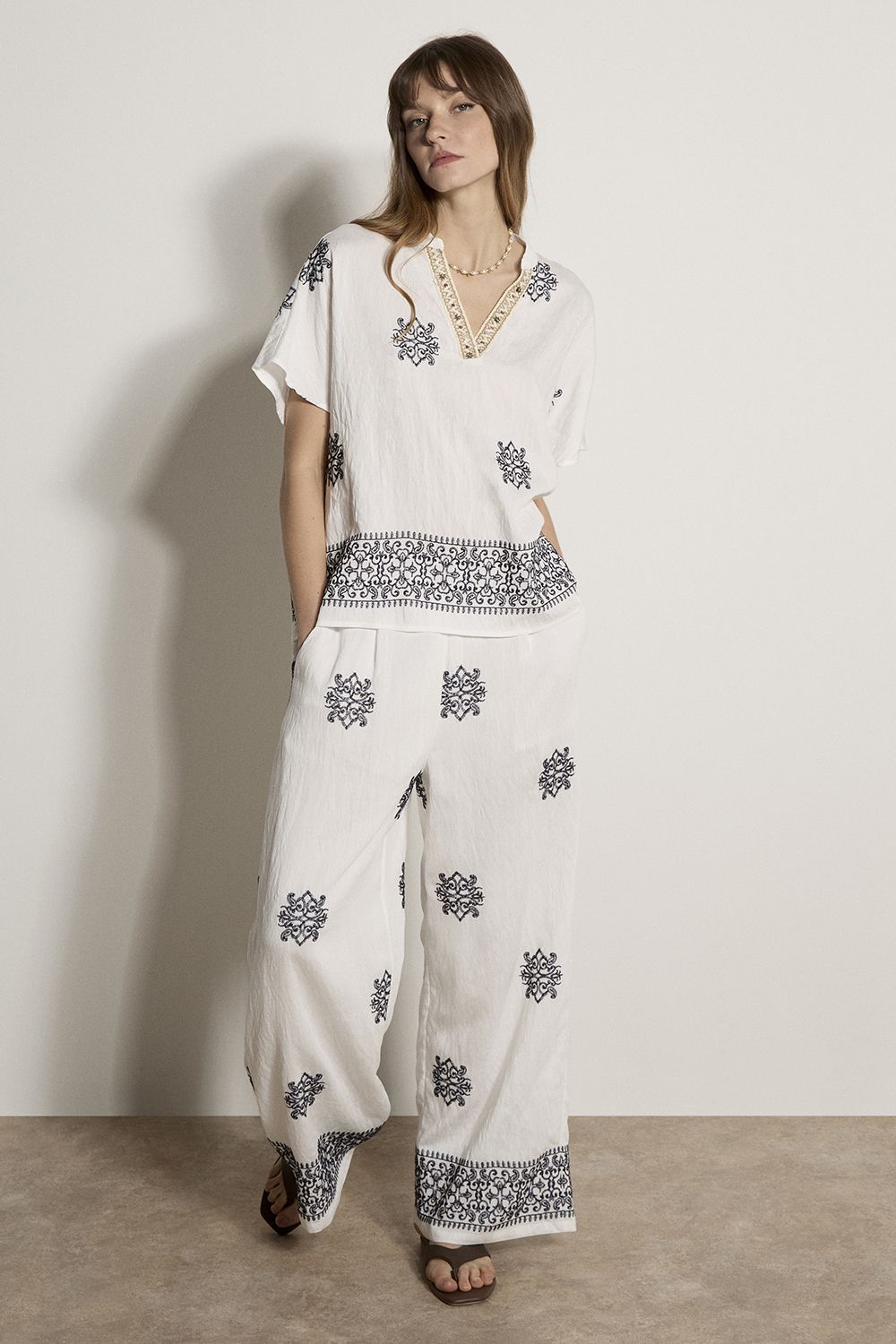 Apricot Paisley Embroidered Wide-Leg Trousers
