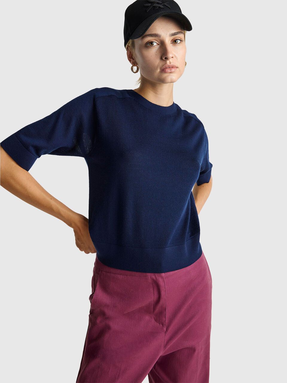 Short sleeve sweater in pure Merino wool