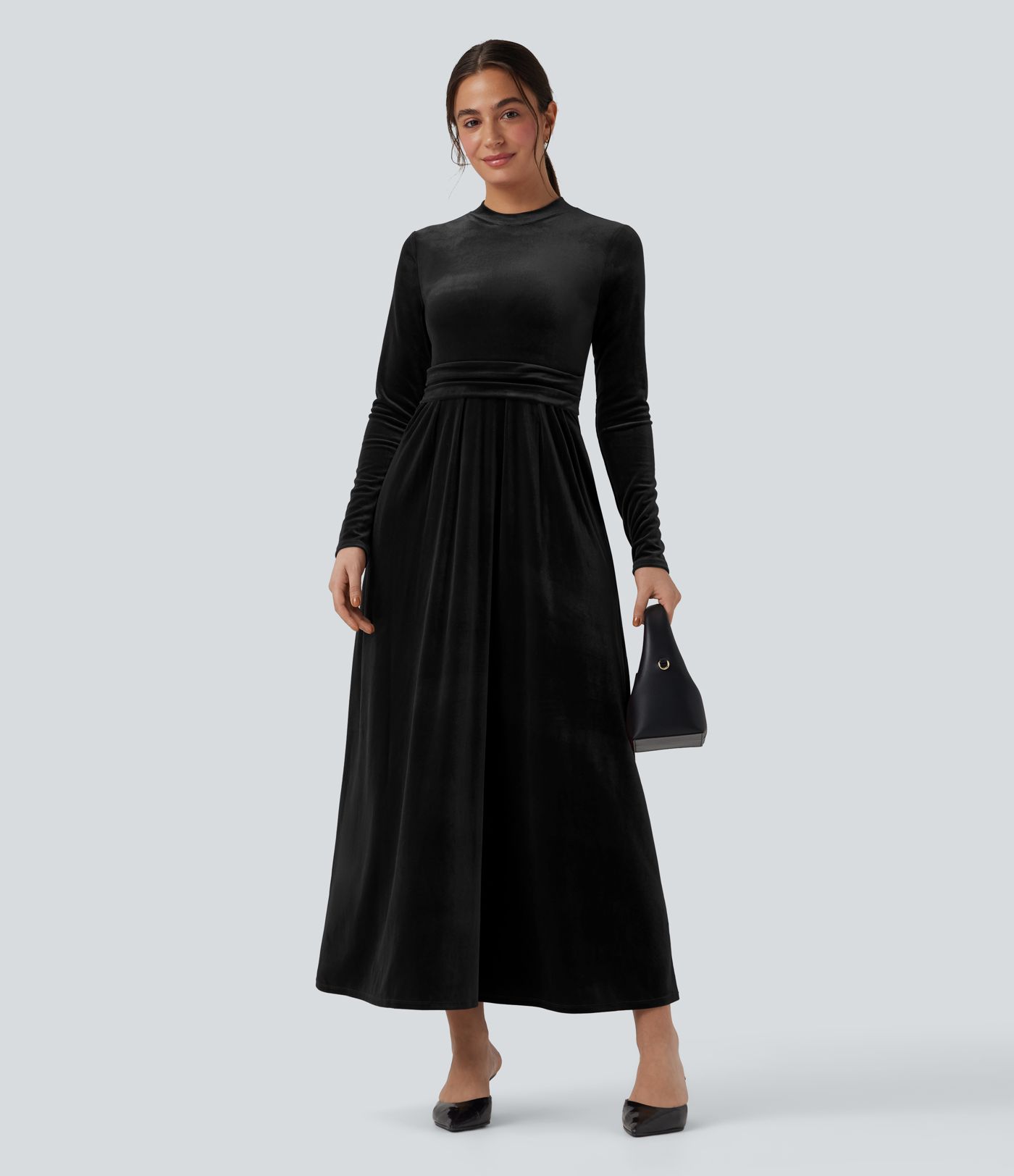 Robe longue en velours col montant manches longues avec poches