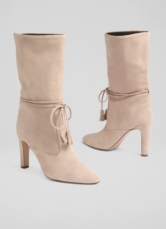 Eliza Neutral Tassel Ruched Suede Ankle Boots