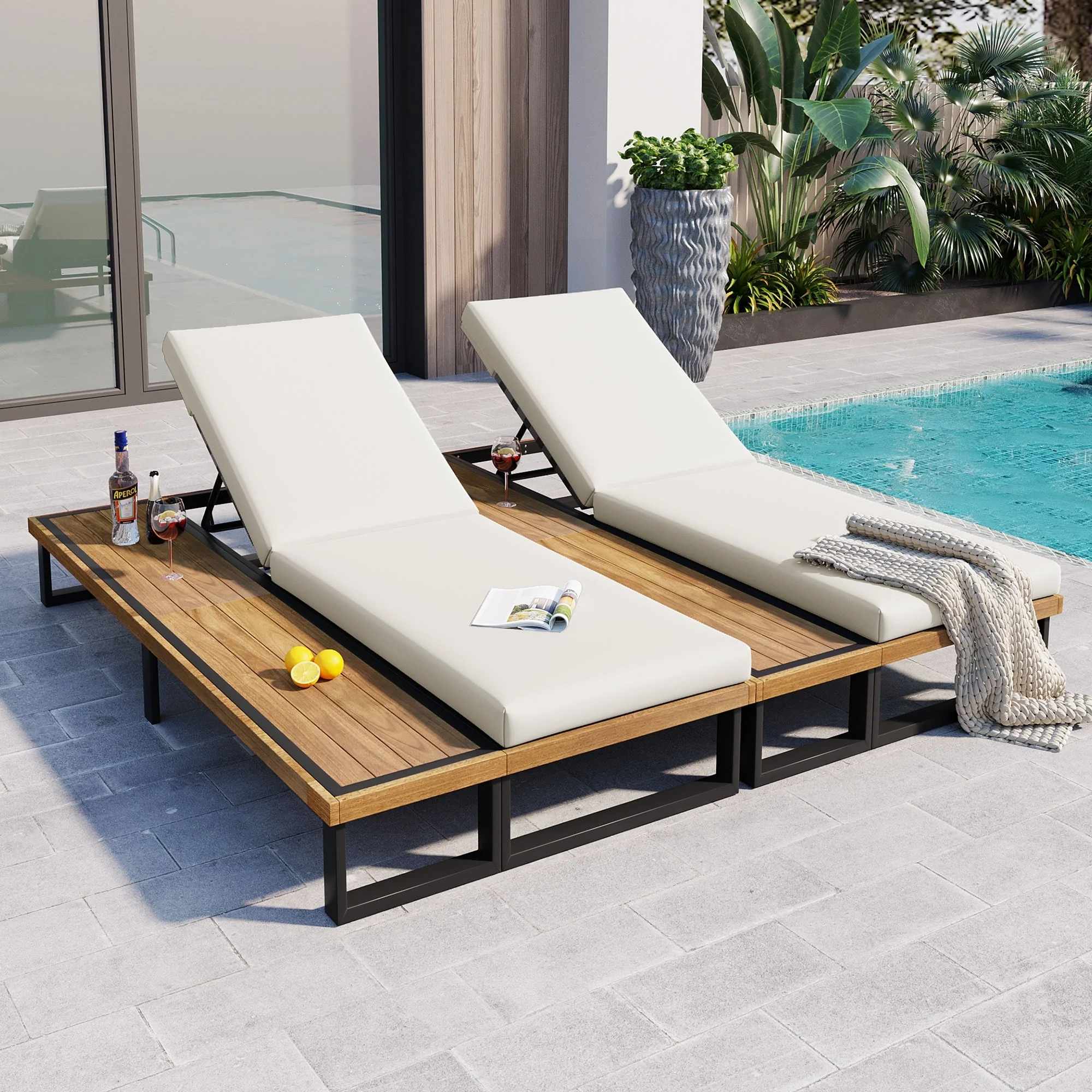 Patio Loungers with 5-Position Adjustable Backrest, Cushions & Wood Side Table