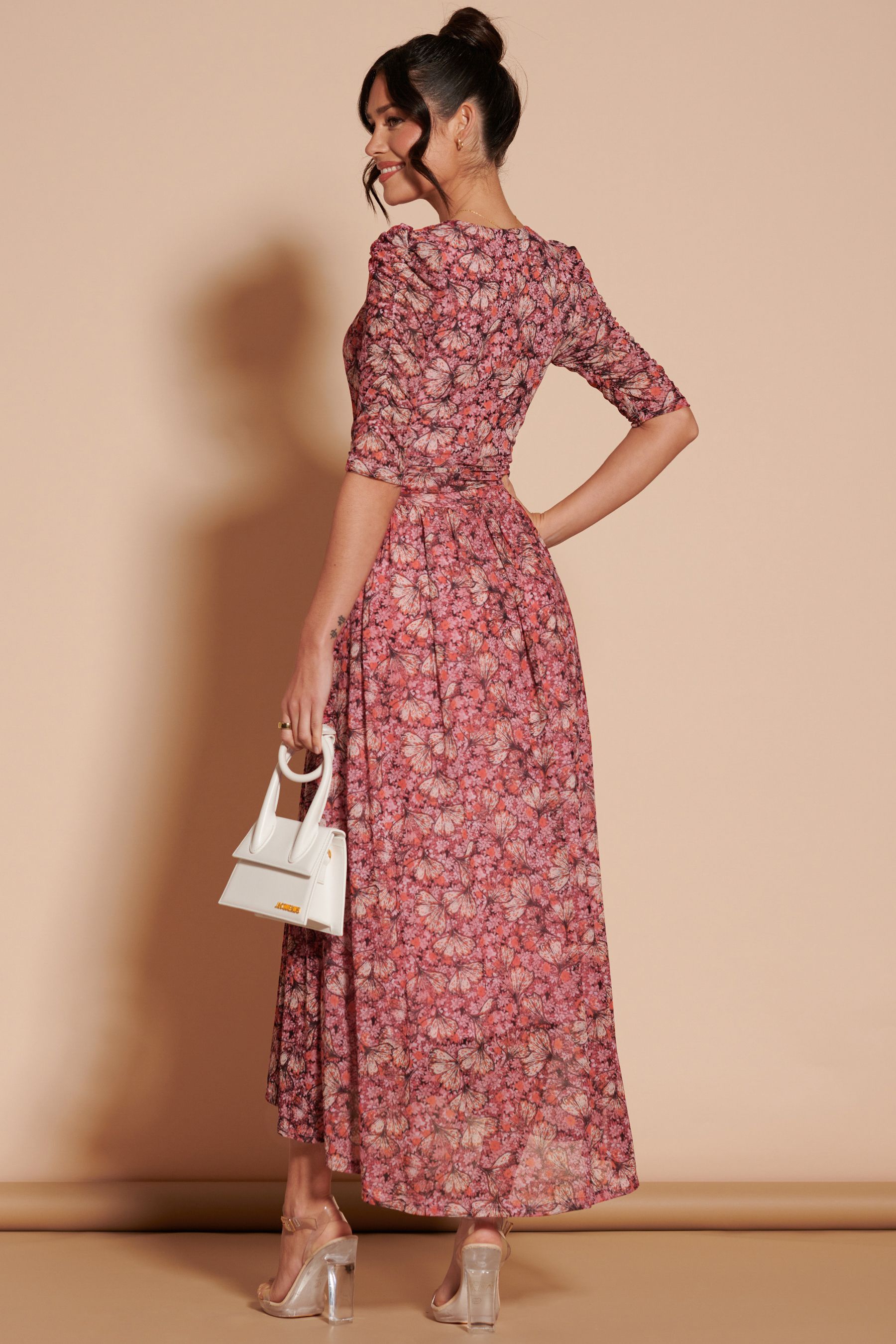 Jolie Moi Dasha Ruched Sleeved Mesh Maxi Dress
