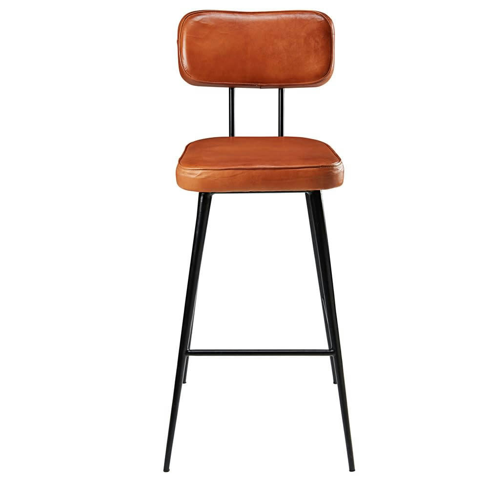 Clapper - Chaise de bar en cuir de chèvre marron et métal noir H75