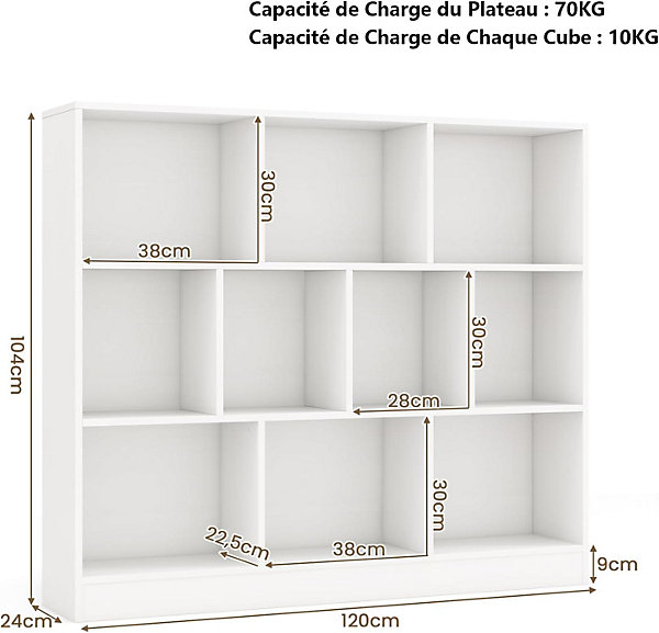 Bibliothèque Meuble Rangement Enfant avec 10 Cubes Ouvertes étagère Rangement à 3 Niveaux pour Livres Jouets Blanc
