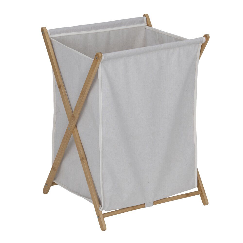Panière à linge 70L pliante bambou et tissu beige 45x38,5xH64cm