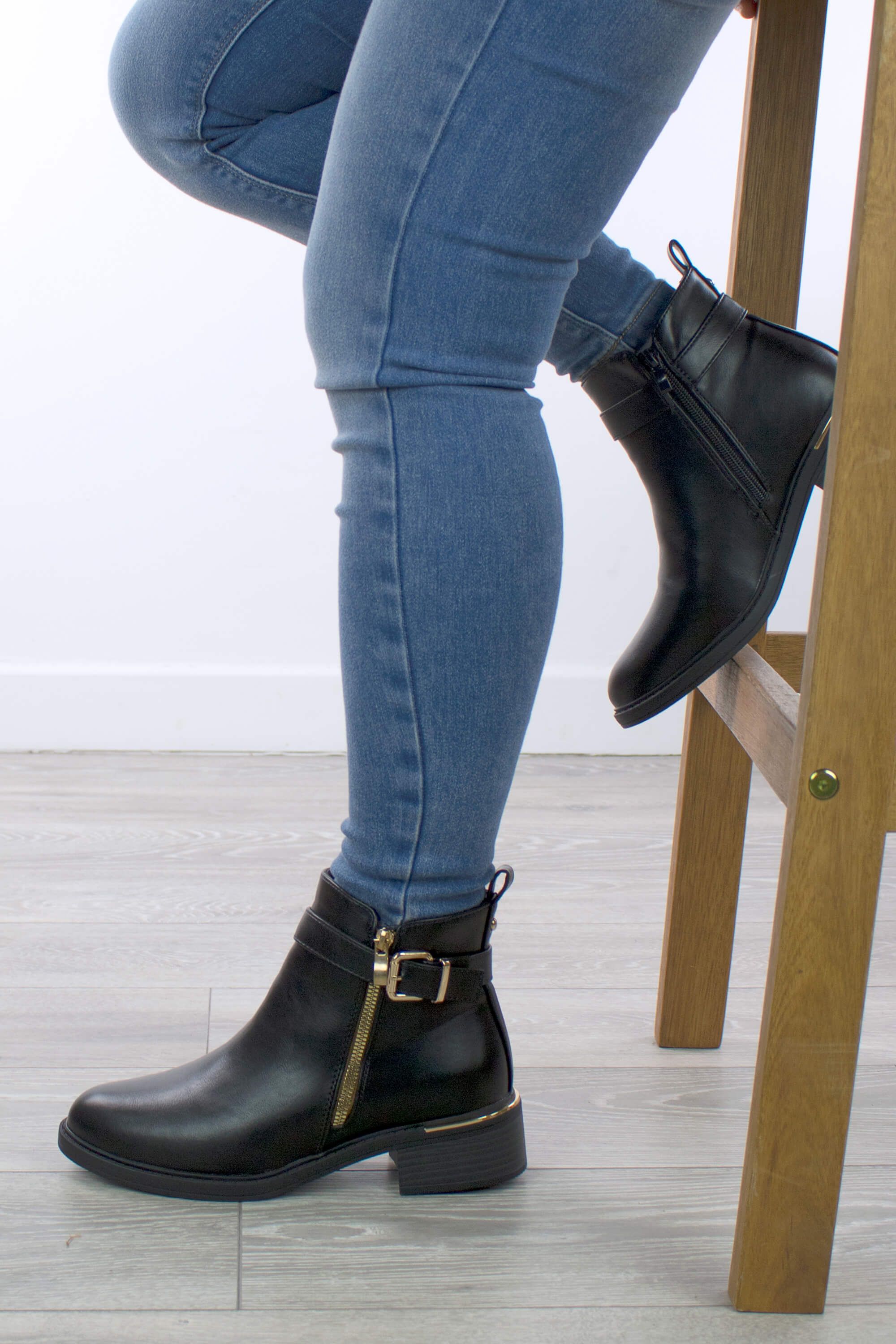 AJVANI Gold Zip Straps Ankle Boots