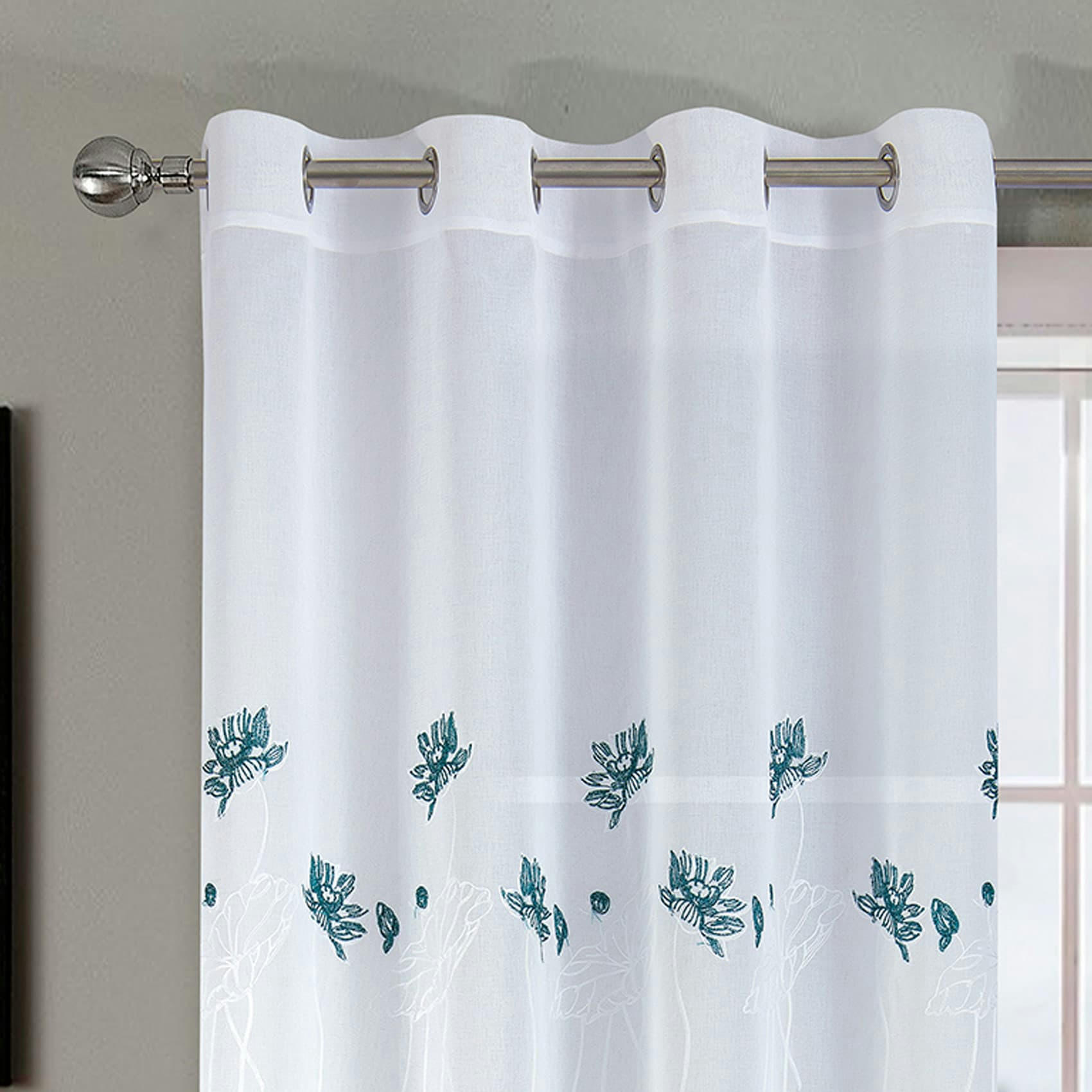 - Paire de voilage fleurie et plombée polyester vert 140x260 cm