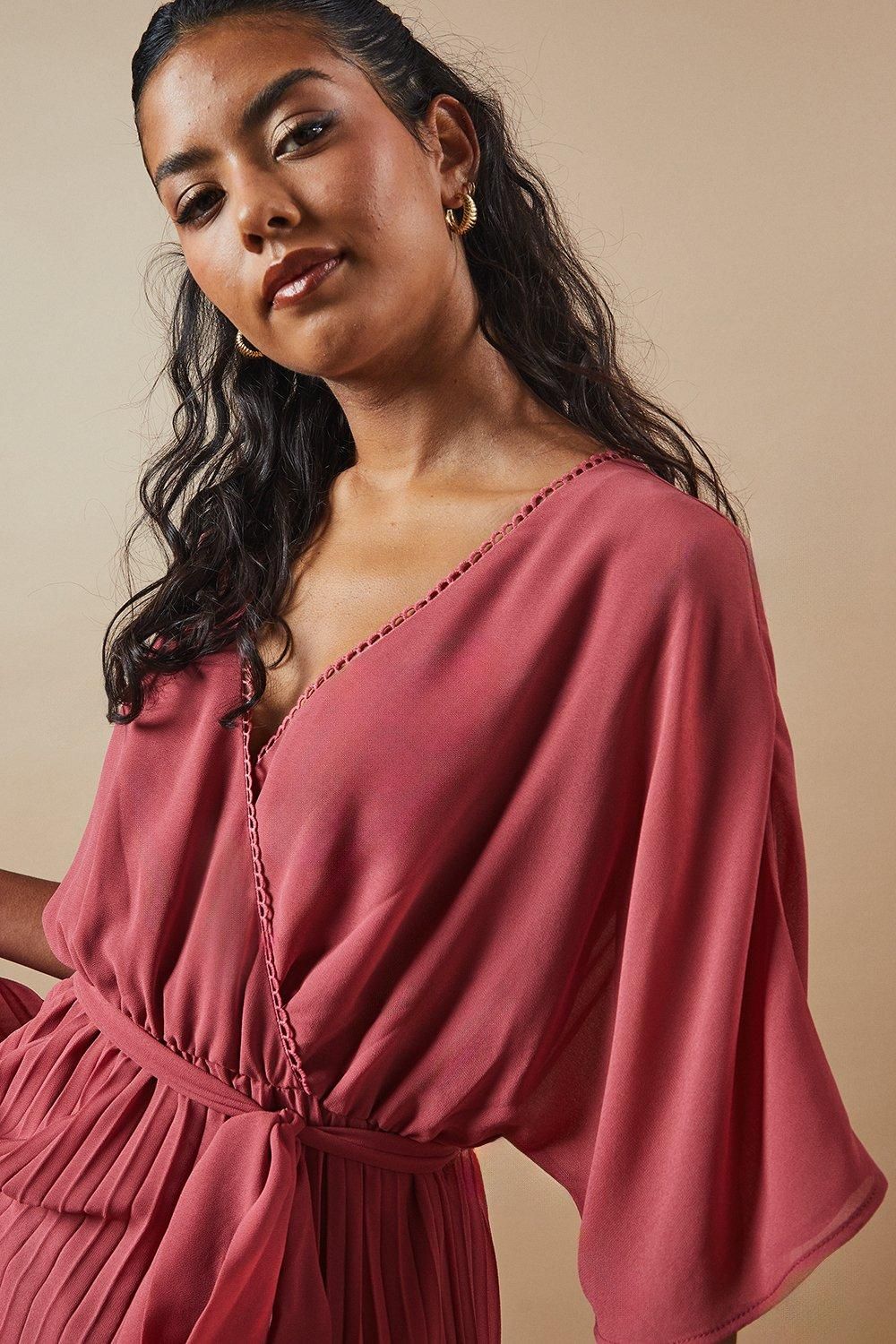 Oasis Petite Occasion Kimono Sleeve Pleated Midi Dress