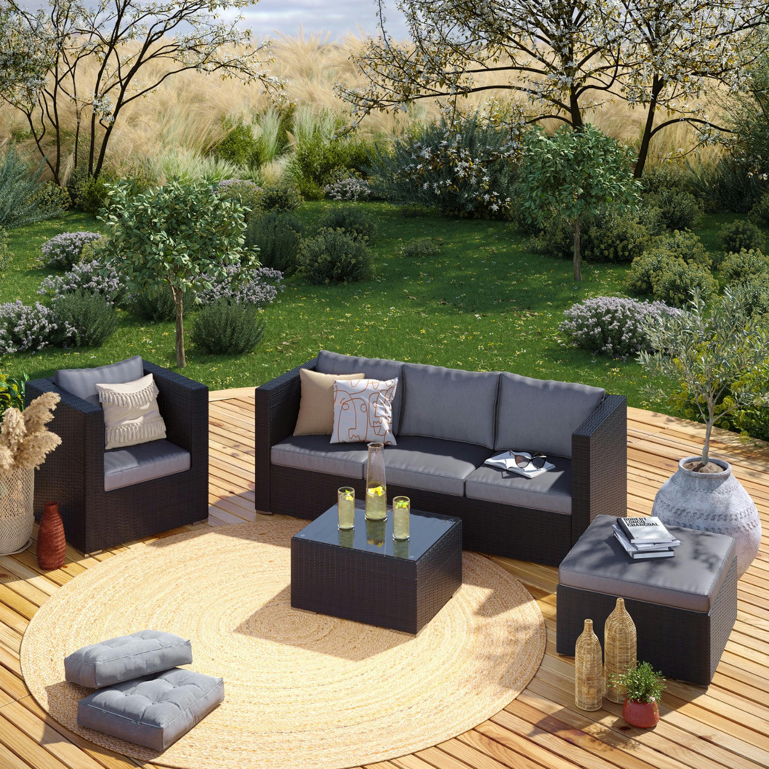 LUNGA 5 - Salon de jardin 5 places gris en résine tressée noire