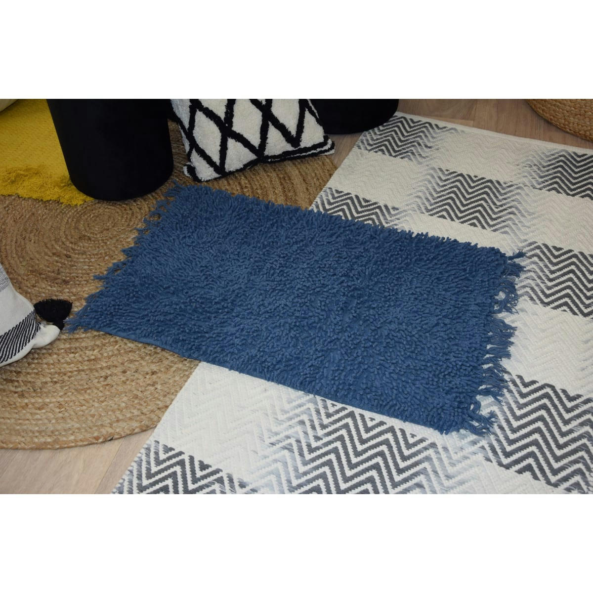 SHAGGY - Tapis de bain coton uni à franges marine 50x70cm
