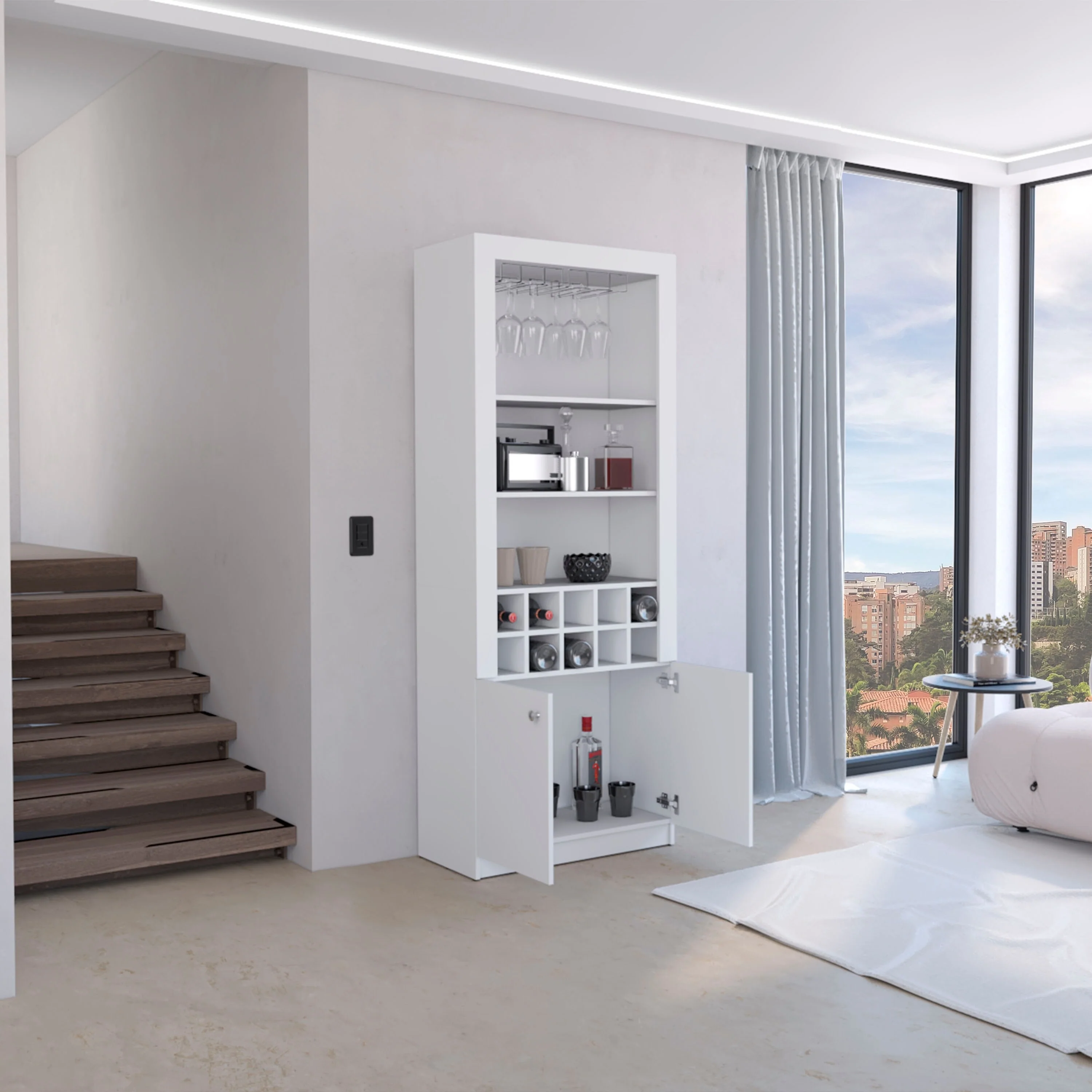 Cabinet 4-Tier, Glass Holder Stemware Rack, Wine Cabinet, Liquor Cabinet, 10 Bottle Cubbies, 4 Shelves, White