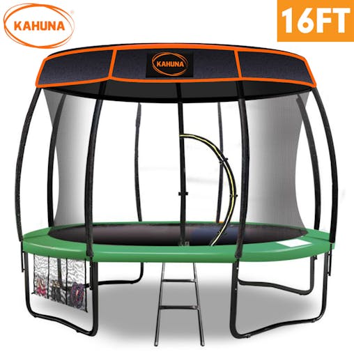 NNEDPE Trampoline 16 ft Kahuna with Basketball set and roof - Green