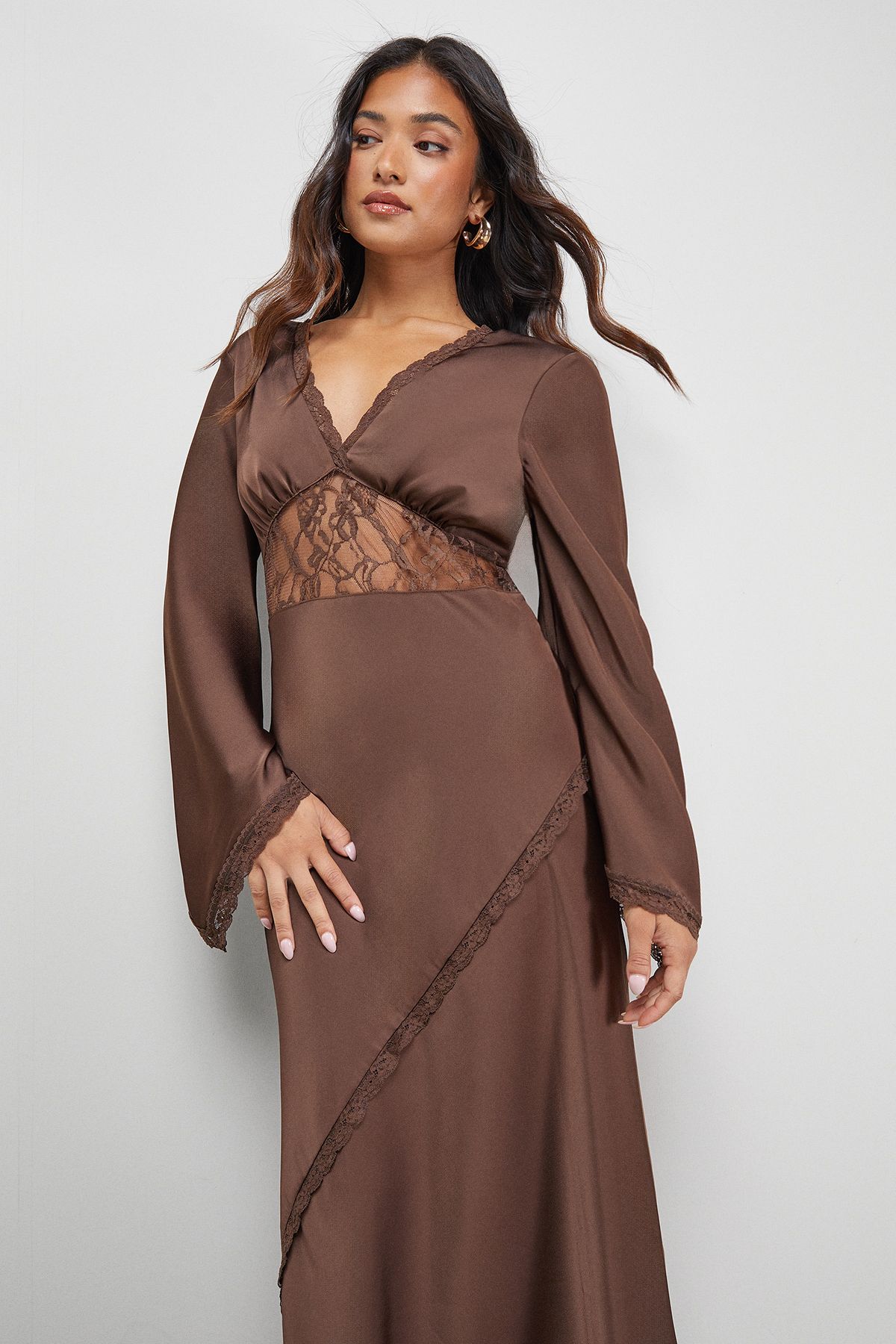 Warehouse Petite Satin Lace Insert Flute Sleeve Midi Dress