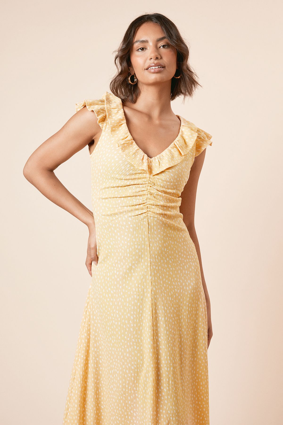Dorothy Perkins Yellow Spot Frill Neck Ruched Front Jersey Midi Dress