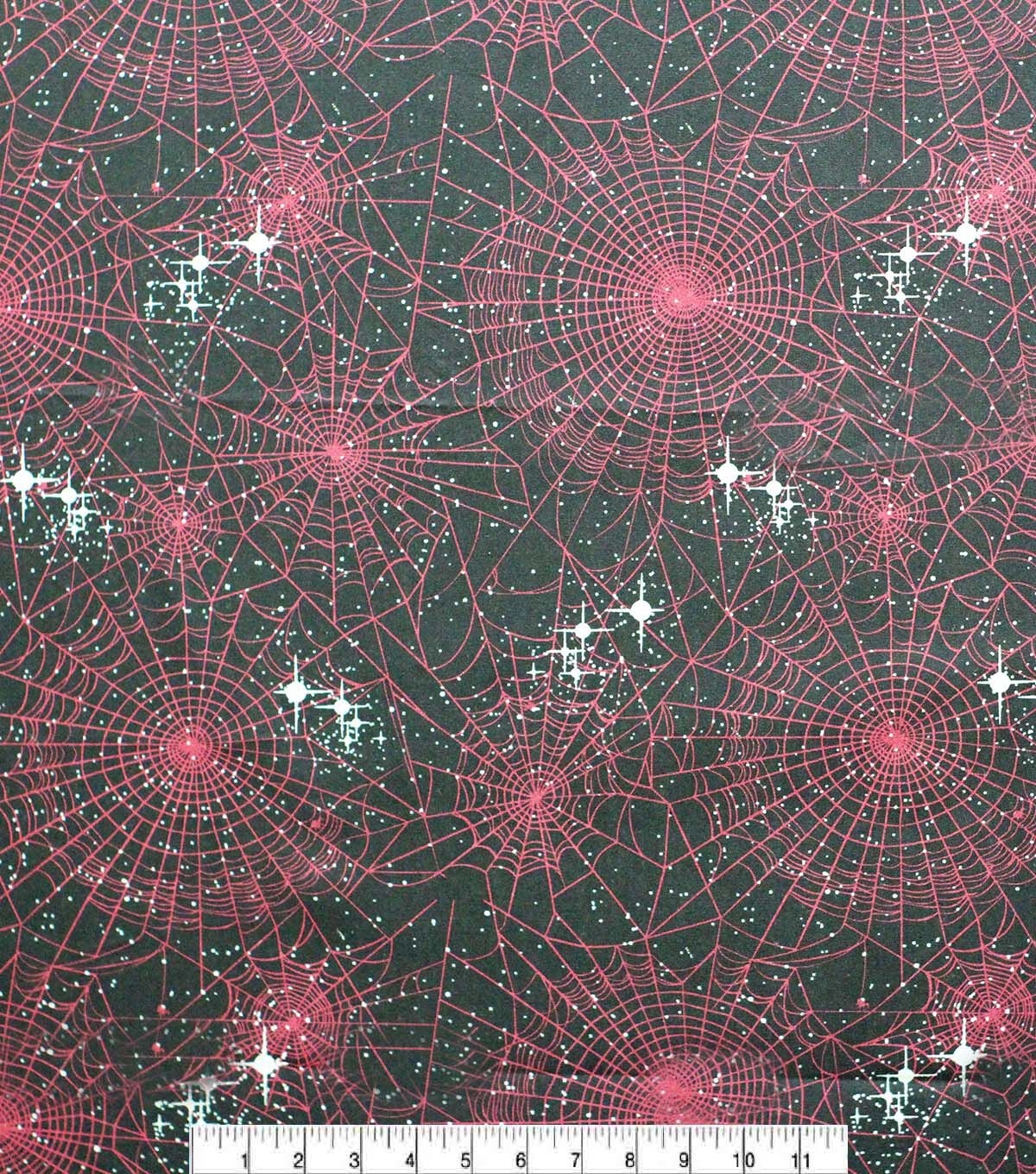 Red Webs on Black Glitter Cotton Fabric
