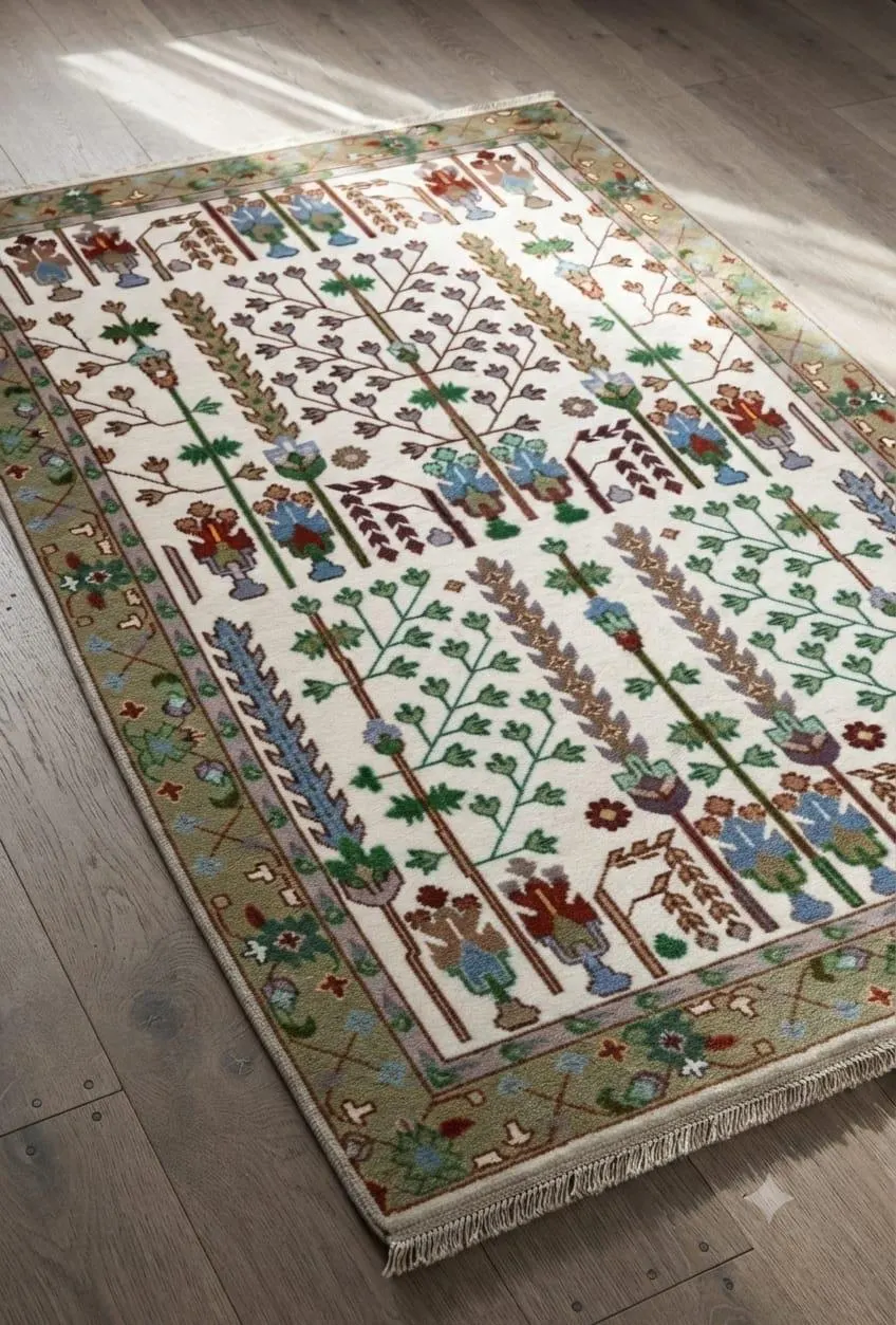 Oriental Handmade woollen carpet geomatrical design floor covering. Handmade Floral Area Rug, Traditional Wool Carpet, Handwoven Living Room