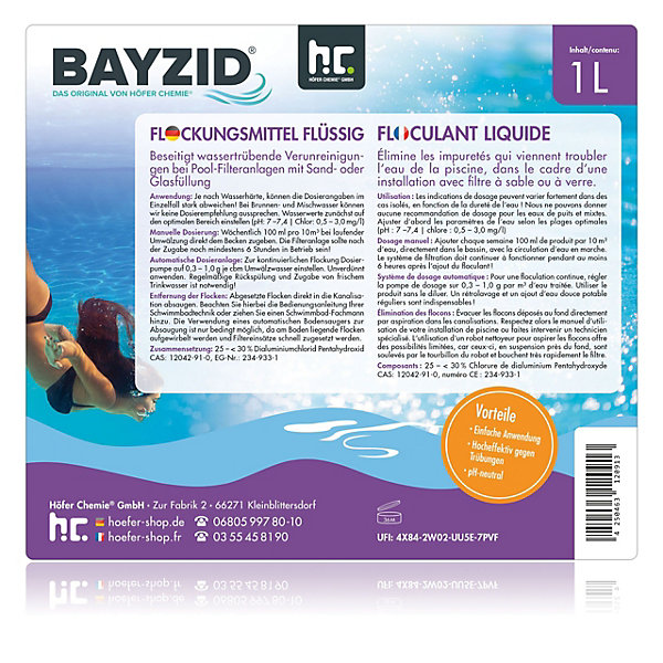 Floculant Liquide Bayzid 15 x 1 L, Traitement Haute Performance Pour Eau De Piscine Claire Et Filtration À Sable