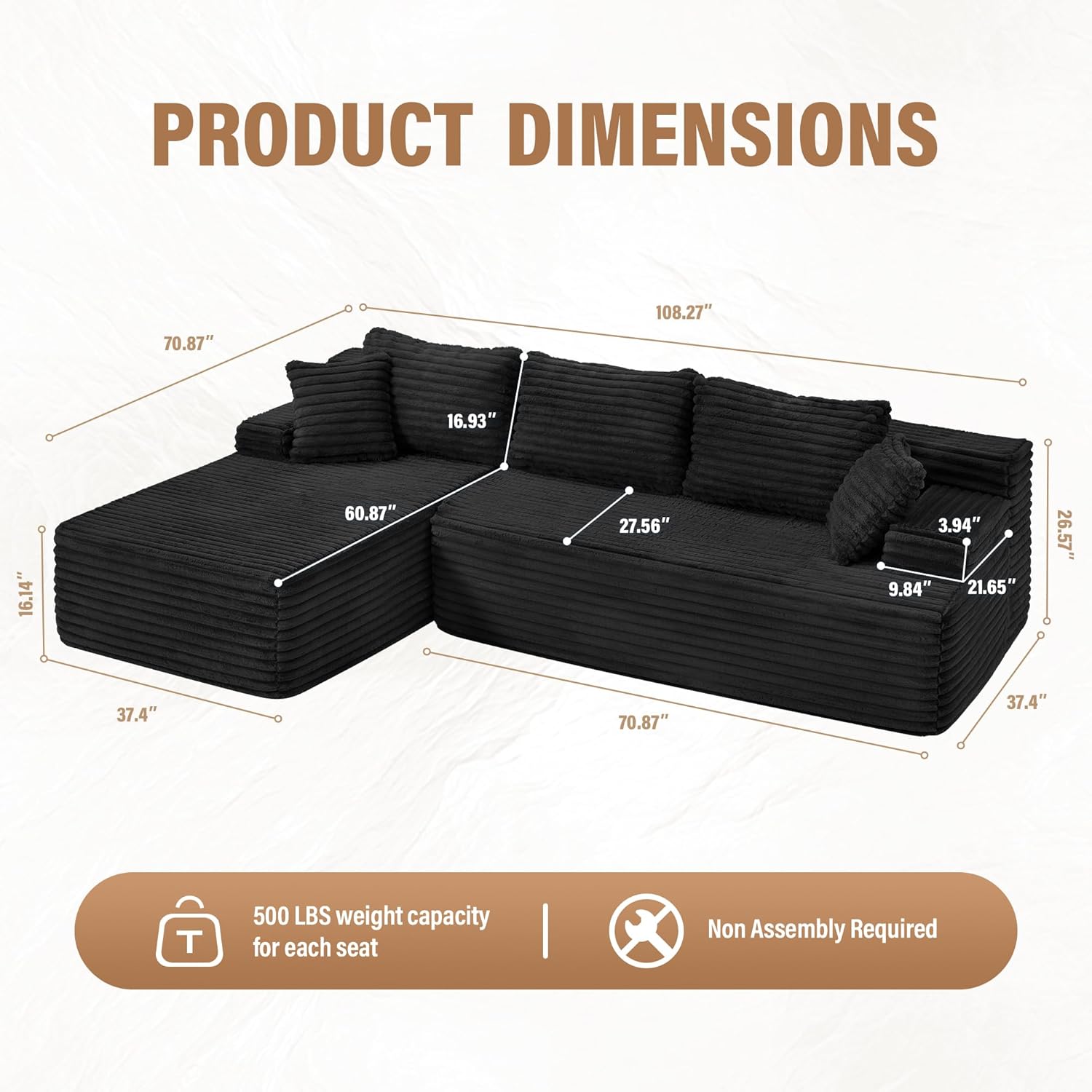 Hobestluk Modular Sectional Sofa Couches L-Shape Couch 3 Seat Modular Sofa Memory Foam Sectional Couches for Living Room, Cloud Couch with Oversized Chaise (Left Facing)
