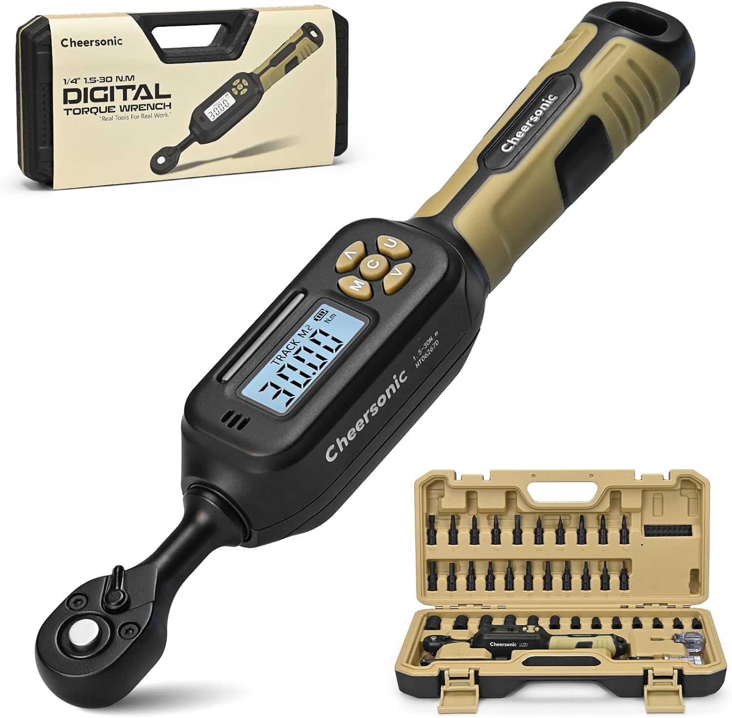 Digital Torque Wrench 1/4 drive, 1.1-22.1 ft-lb (1.5-30 Nm) ±1% Accuracy Inch Pound Torque Wrench with Buzzer and LED Electronic Torque Wrenches with Bits & Sockets for Bike Motorcycle Gunsmithing