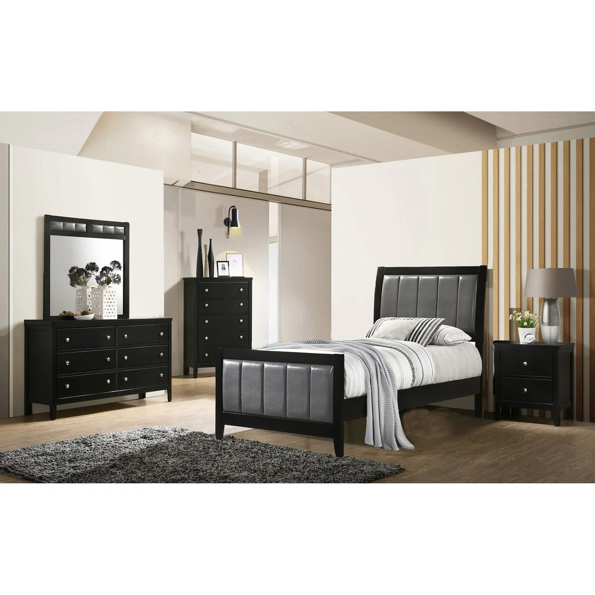 Halliday Black 4-piece Bedroom Set with 2 Nightstands and Chest