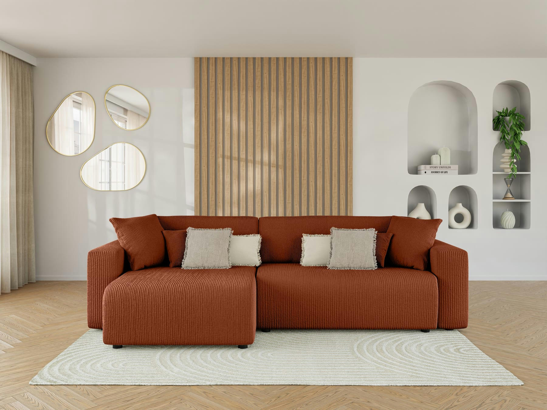 LEO - Canapé d'angle XL convertible en velours côtelé 5 places terracotta