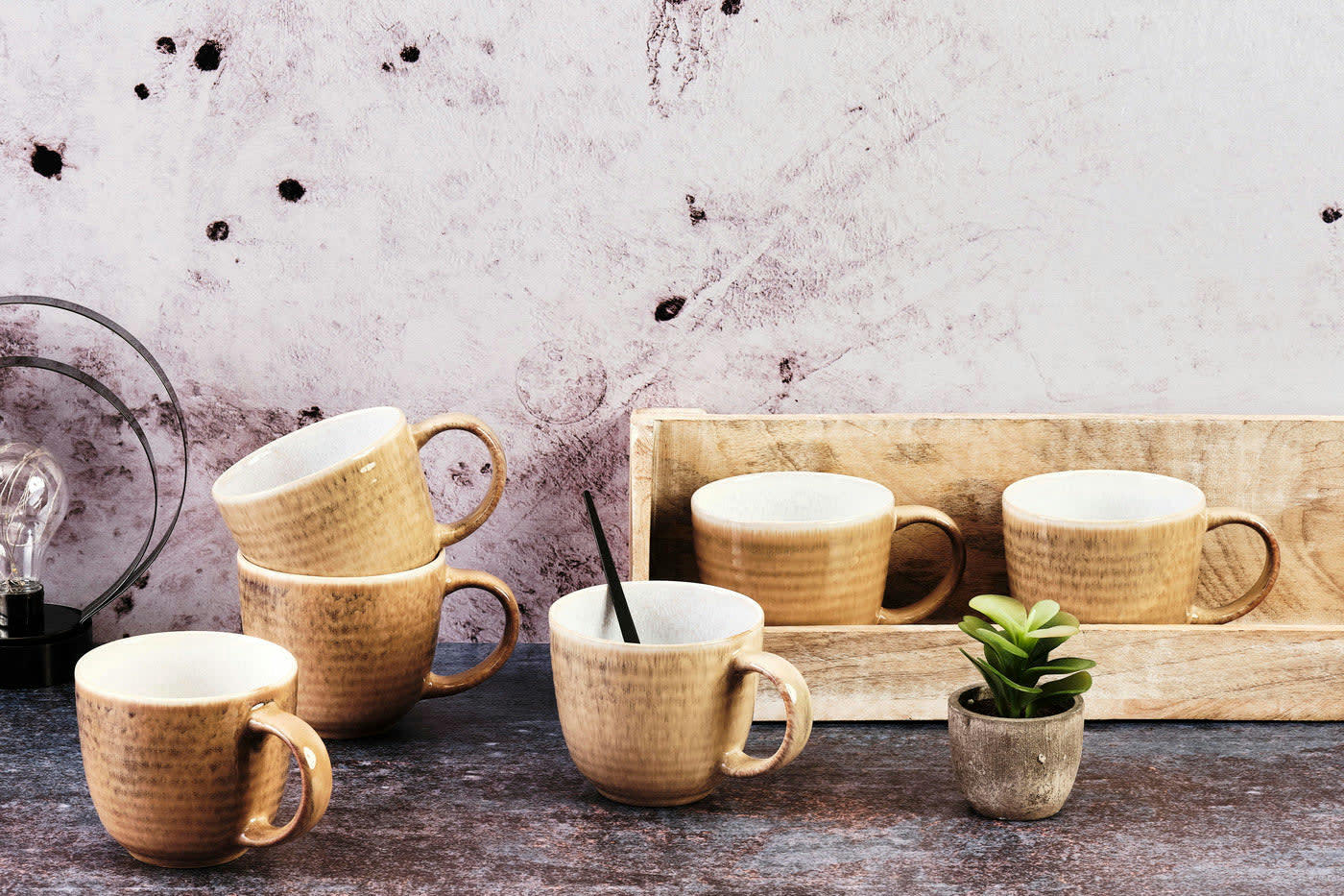 COSMOS - Lot de 6 mugs en grès beige 30cl