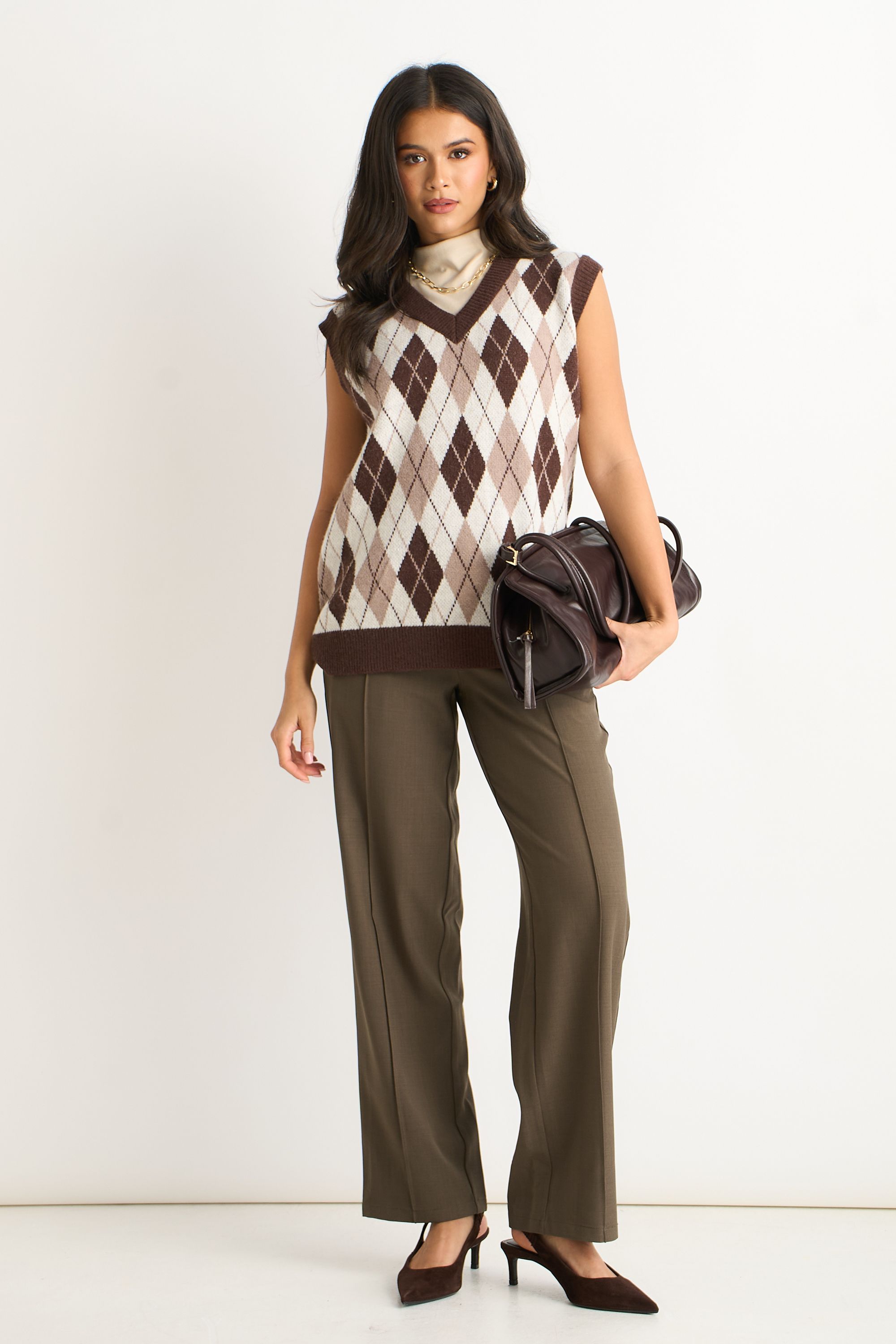 Gini London Chocolate Argyle Knit Vest Jumper