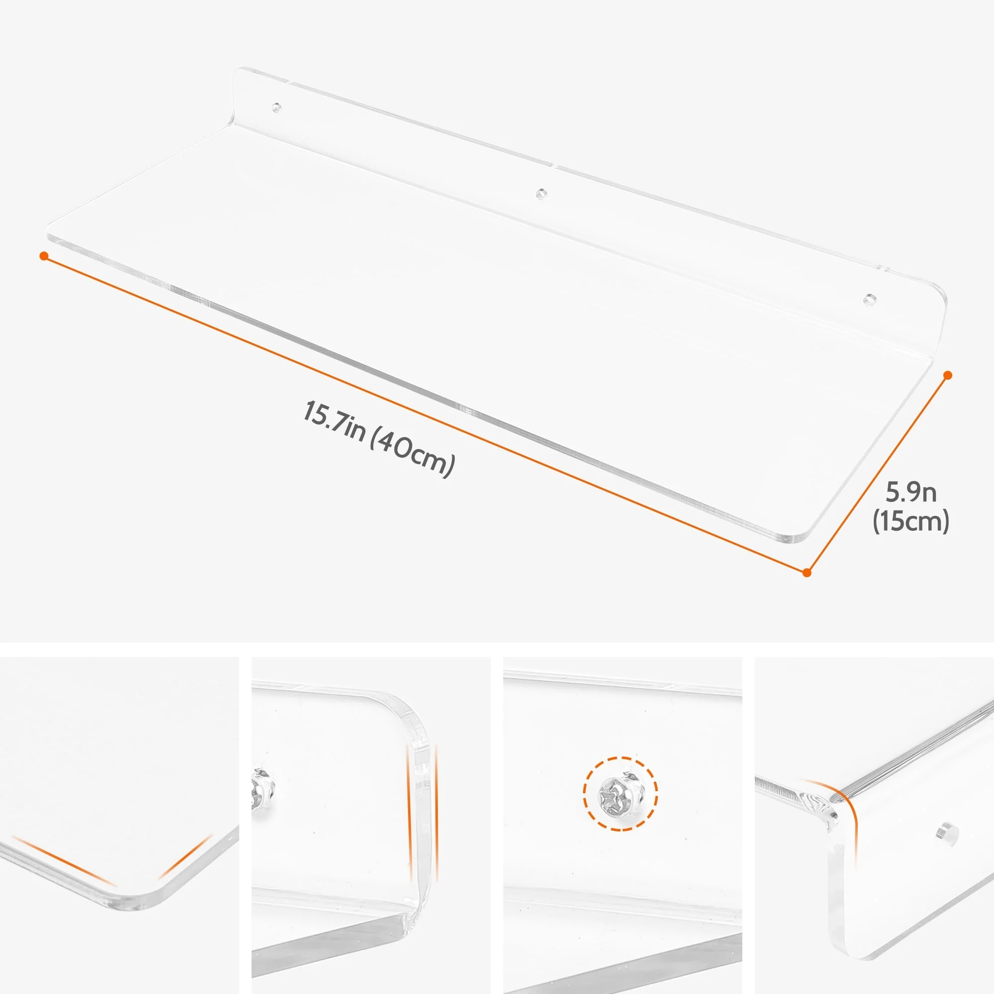 Acrylic Floating Shelves for Wall, Clear Acrylic Shelves for Bathroom Bedroom Living Room, and Kitchen Wall Display Shelf Clear