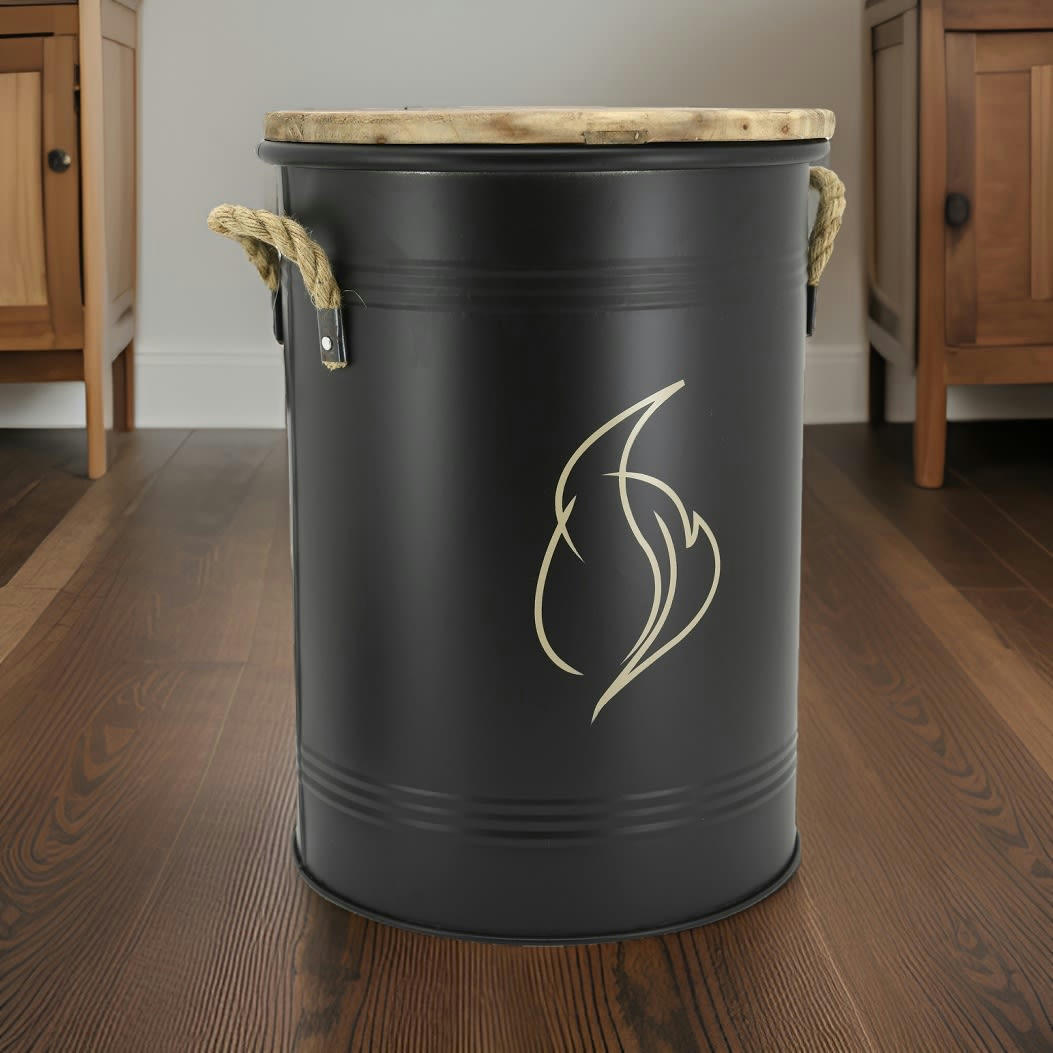 - Tabouret et seau à pellets métal laqué flamme