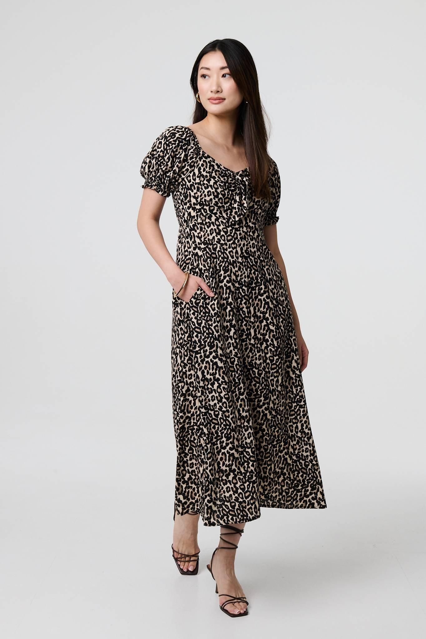 Izabel London Animal Print Short Puff Sleeve Maxi Dress