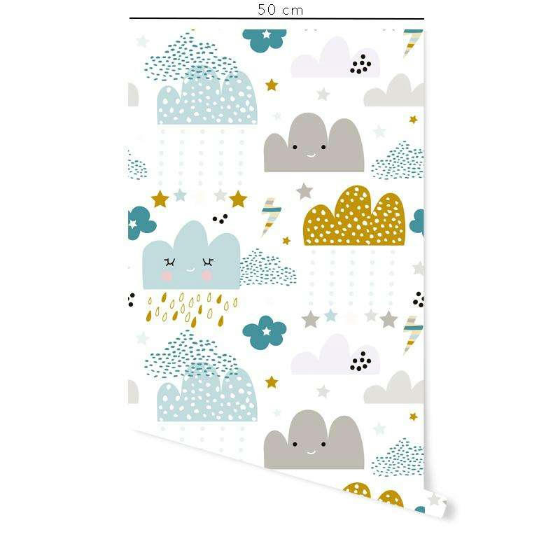HAPPYCLOUDS - Papier peint vinyle adhésif enfant nuages bleu et moutarde 50x300 cm