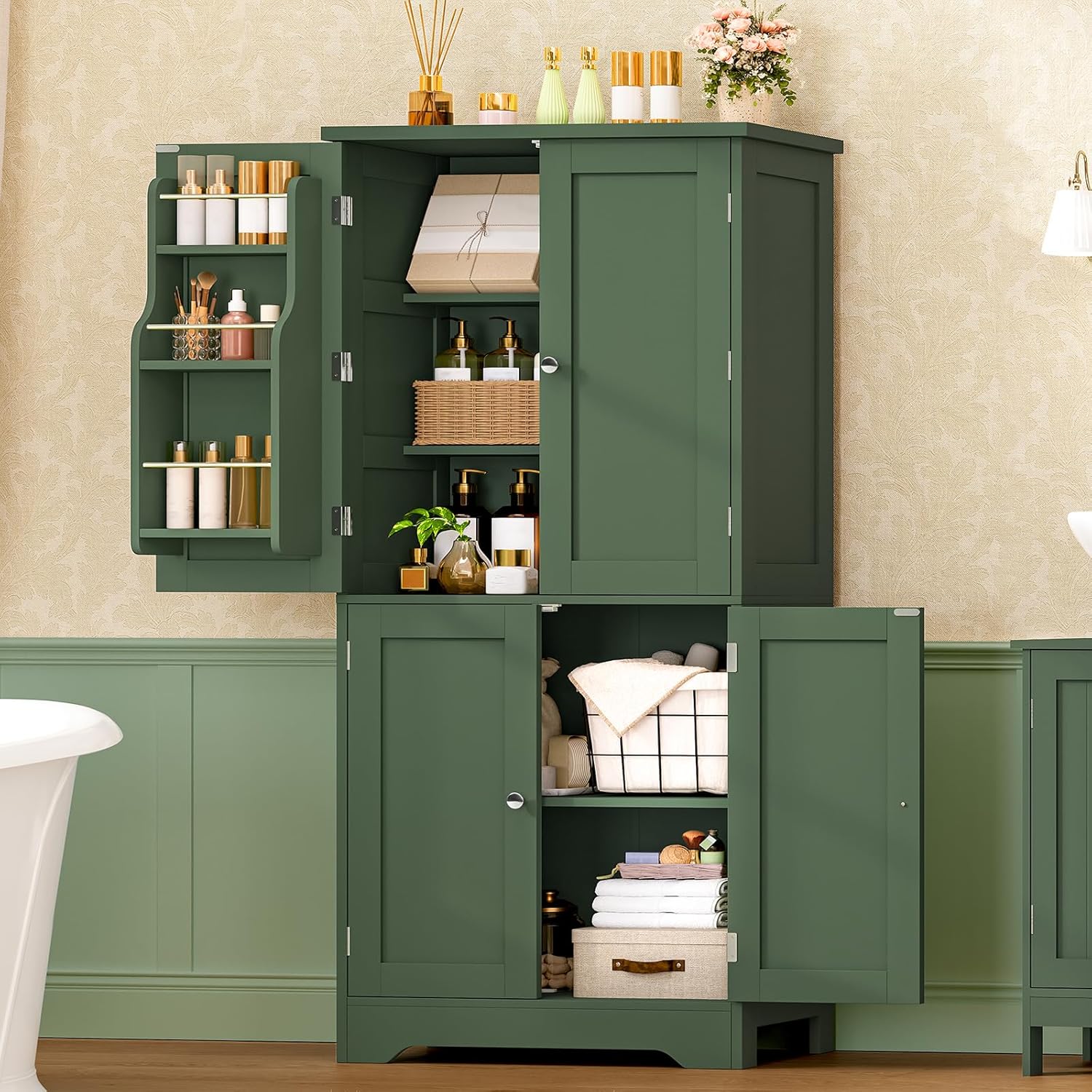 TEENFON 51 H Pantry Cabinet with 4 Doors, Kitchen Cabinet with 6 Door Shelves, Kitchen Pantry for Living Room, Dining Room, Bathroom, Green