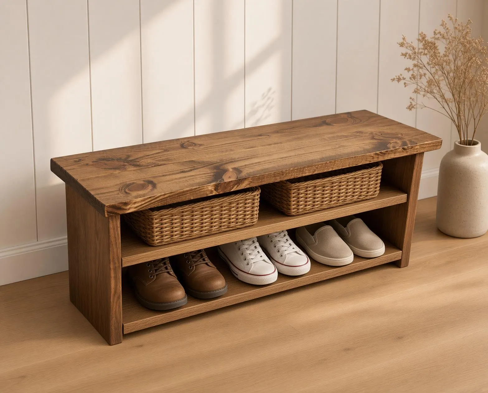 Rustic Wooden Shoe Bench with Storage | Custom Entryway Farmhouse Organizer