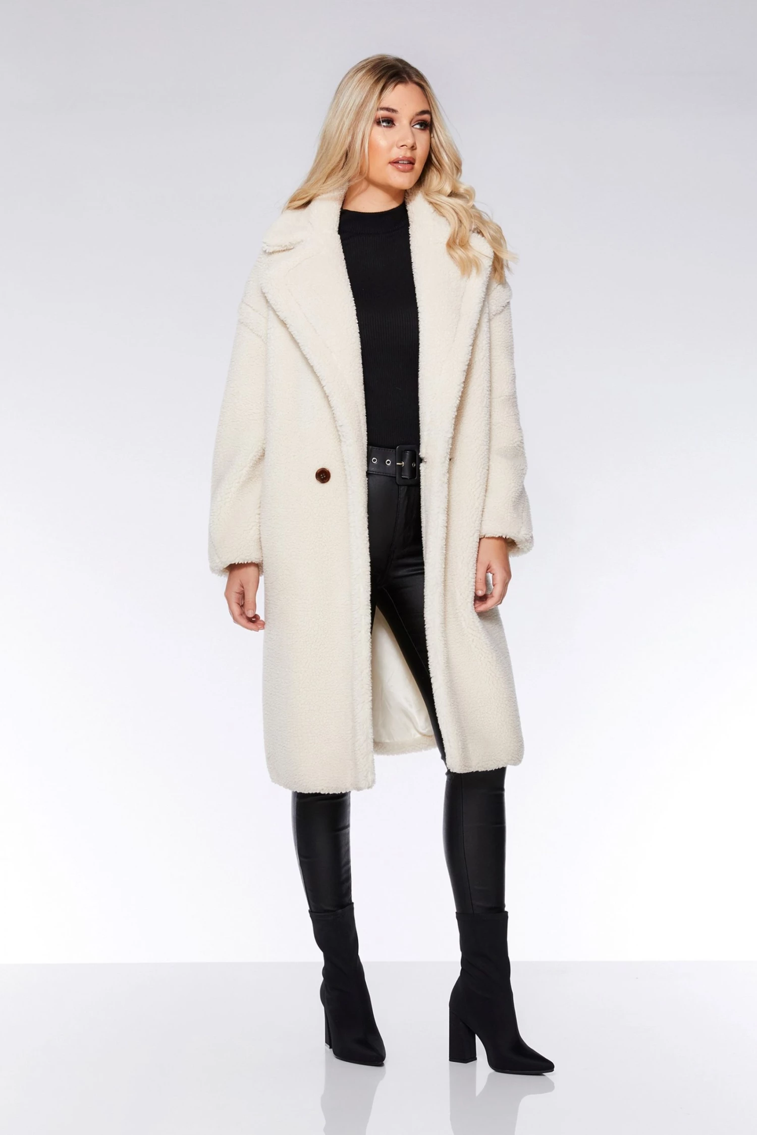 Quiz Cream Teddy Button Front Coat