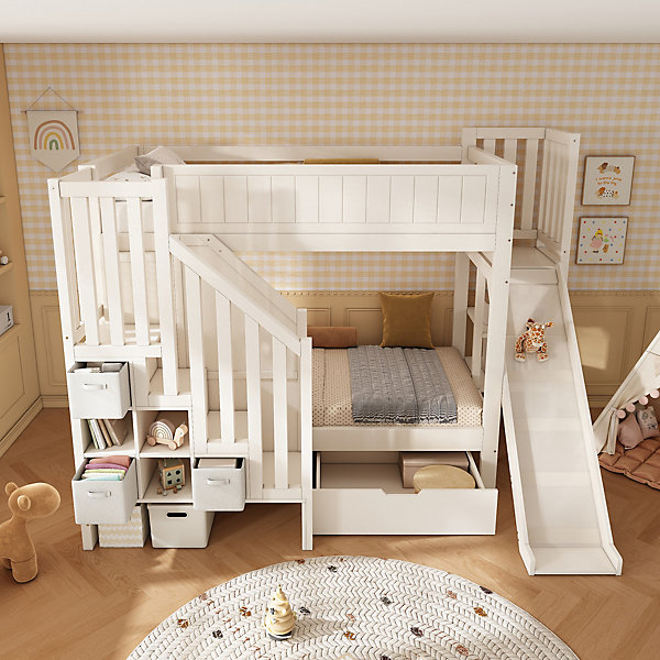 Lit superposé enfant 90x200cm avec toboggan, armoire échelle, grands tiroirs &étagère ouverte, sommier à lattes, sécurité EN747