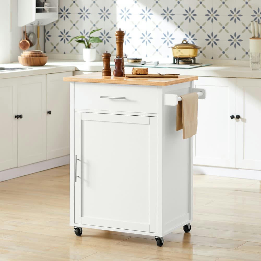 - Desserte en bois blanc à roulettes 1 tiroir 1 porte