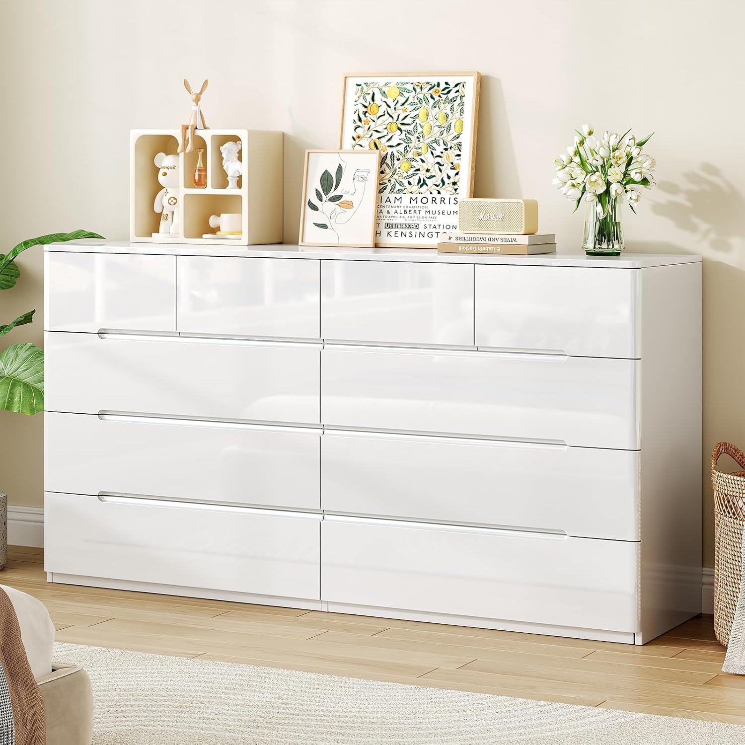 10 Drawer White Dresser for Bedroom, 55 Long Dresser Chest of Drawers, Large High Gloss Modern Storage Cabinet with Big Drawers Handle Free, Living Room, Entryway, Hallway