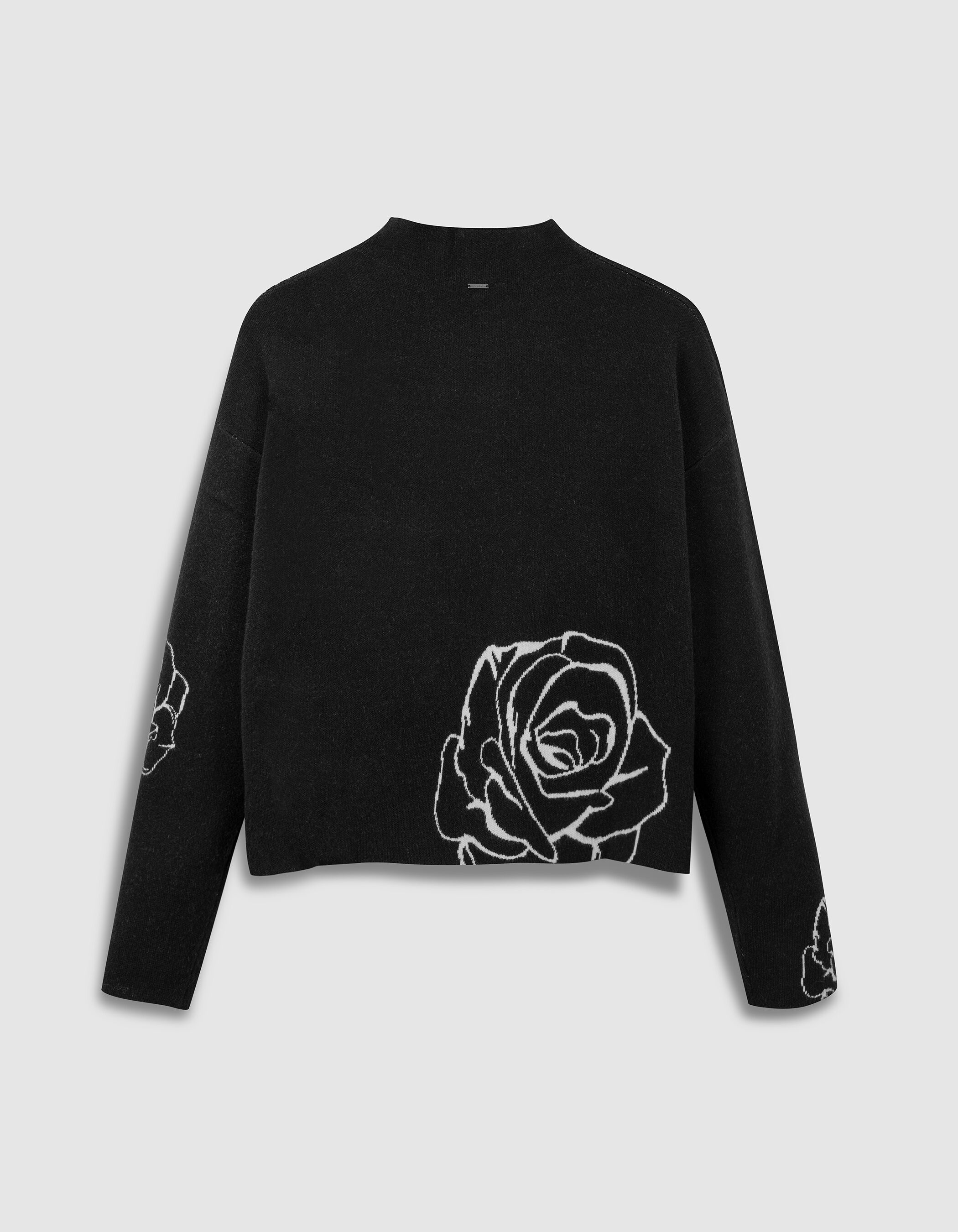 Pull col montant noir tricot jacquard motif roses femme