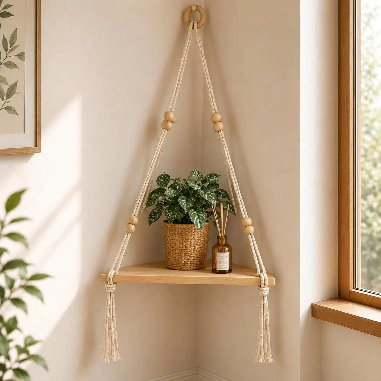 Boho Wooden Corner Shelf, Hanging Rope Wall Shelf, Rustic Floating Shelf for Plants, Handmade Home Wall Decor