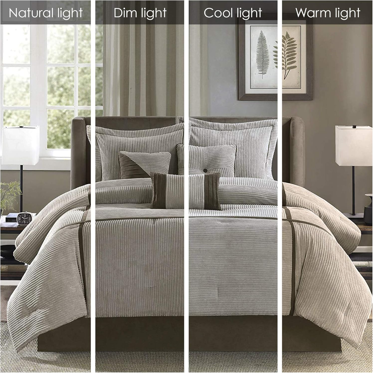 Madison Park Cozy Comforter Set Casual Blocks Design All Season, Matching Bed Skirt, Decorative Pillows, King(104x92), Dallas Corduroy, Taupe Brown, 7 Piece
