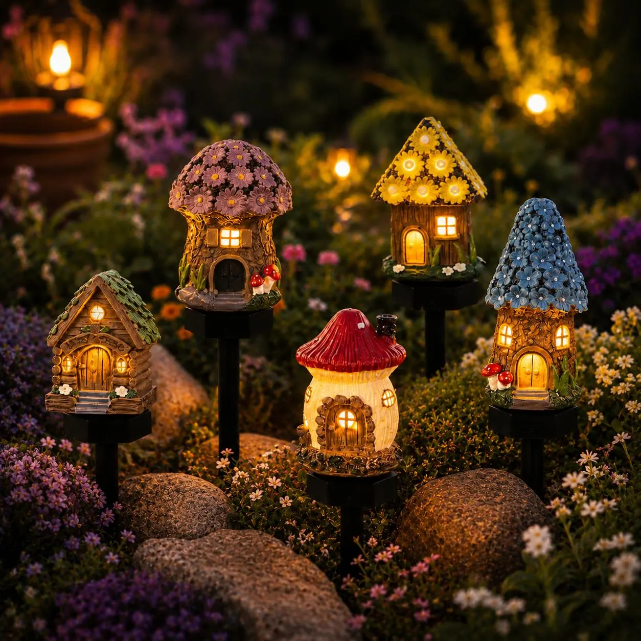 Solar Fairy House Garden Stake Light,Cute Glowing Mushroom,Waterproof Outdoor Stake Light,Whimsical Yard Art,Fairy Village Set,Unique Garden