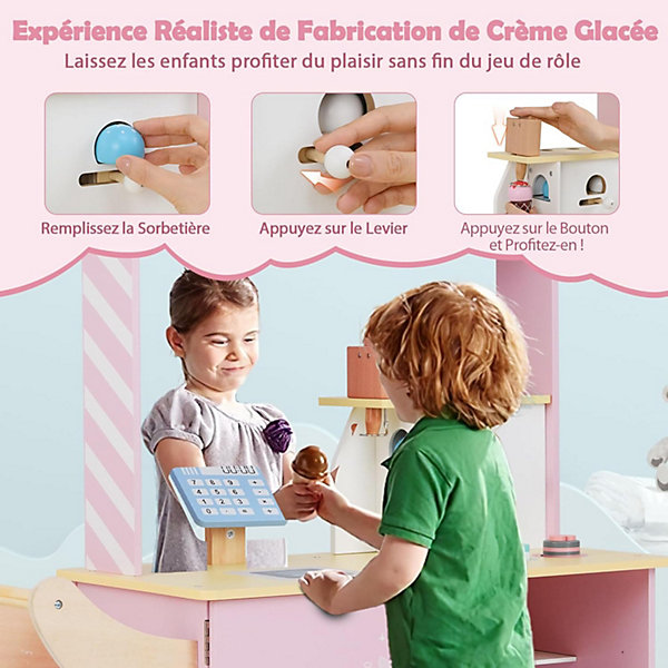 Chariot à Glaces pour Enfant, Jouet à Crème Glacée Enfant avec Roues, Accessoires, Caisse, Distributeur Automatique, Rose