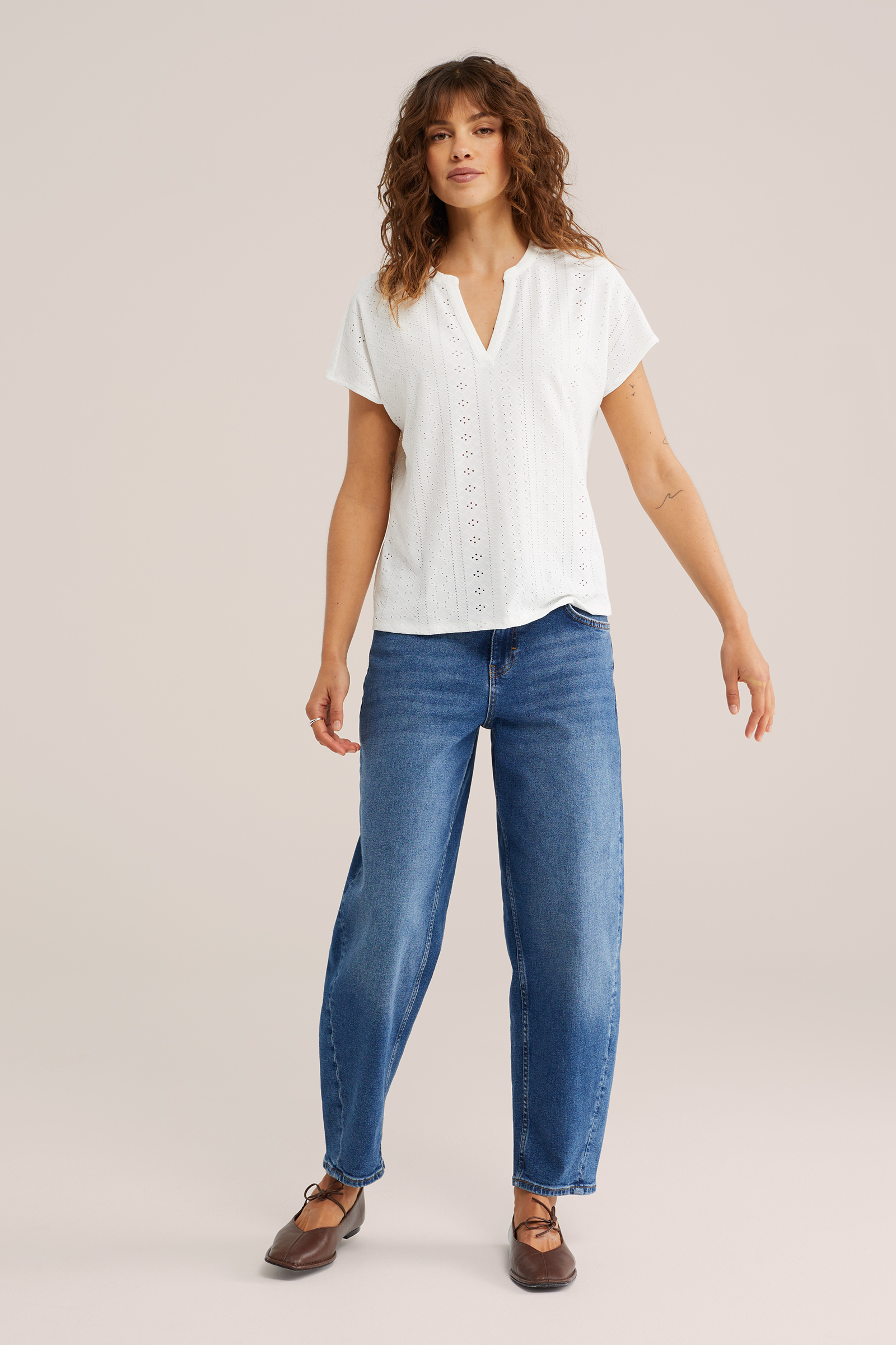 Dames jersey T-shirt met open structuur