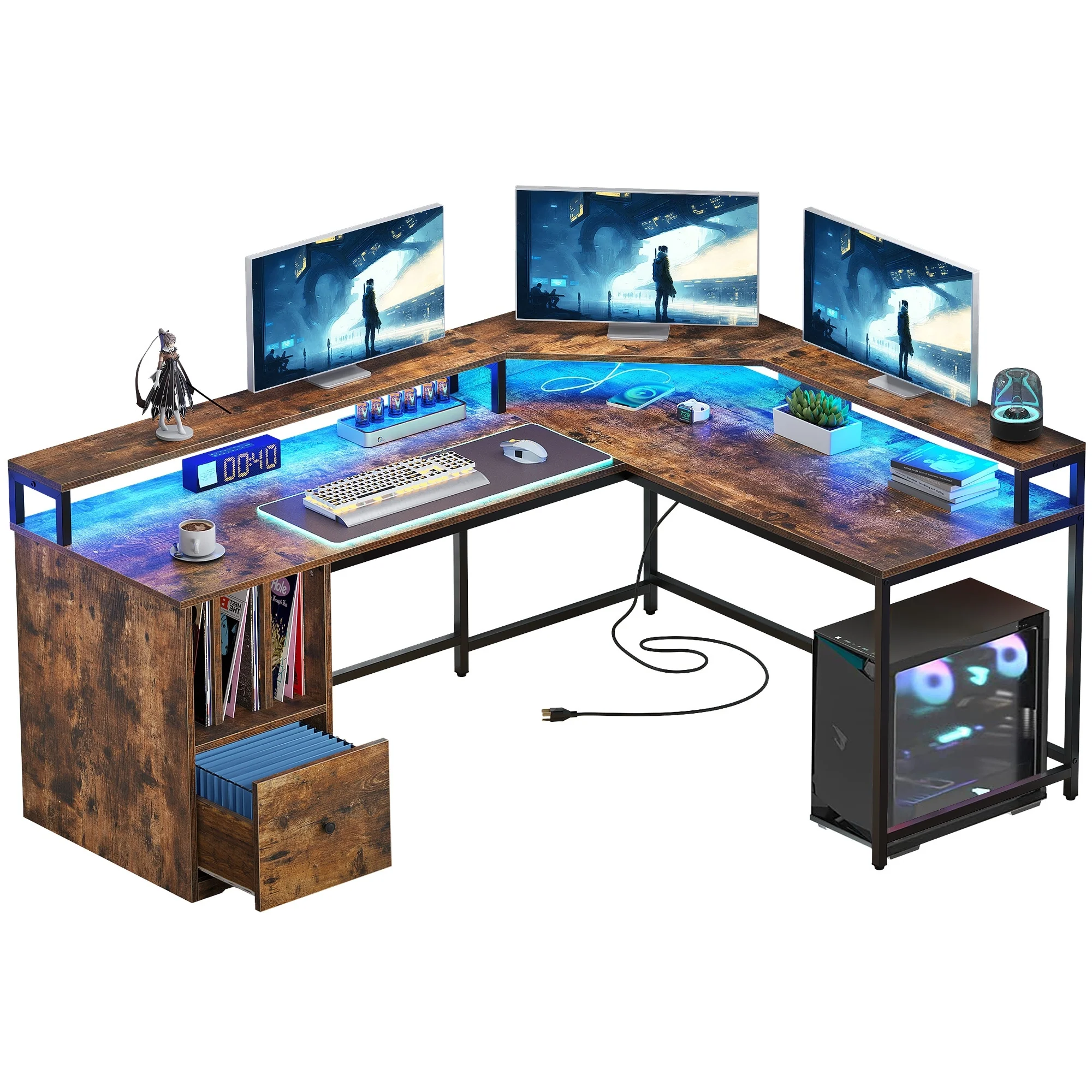 Moasis 66-inch L Shaped Gaming Desk with Shelves and Monitor Stand Home Office Desk