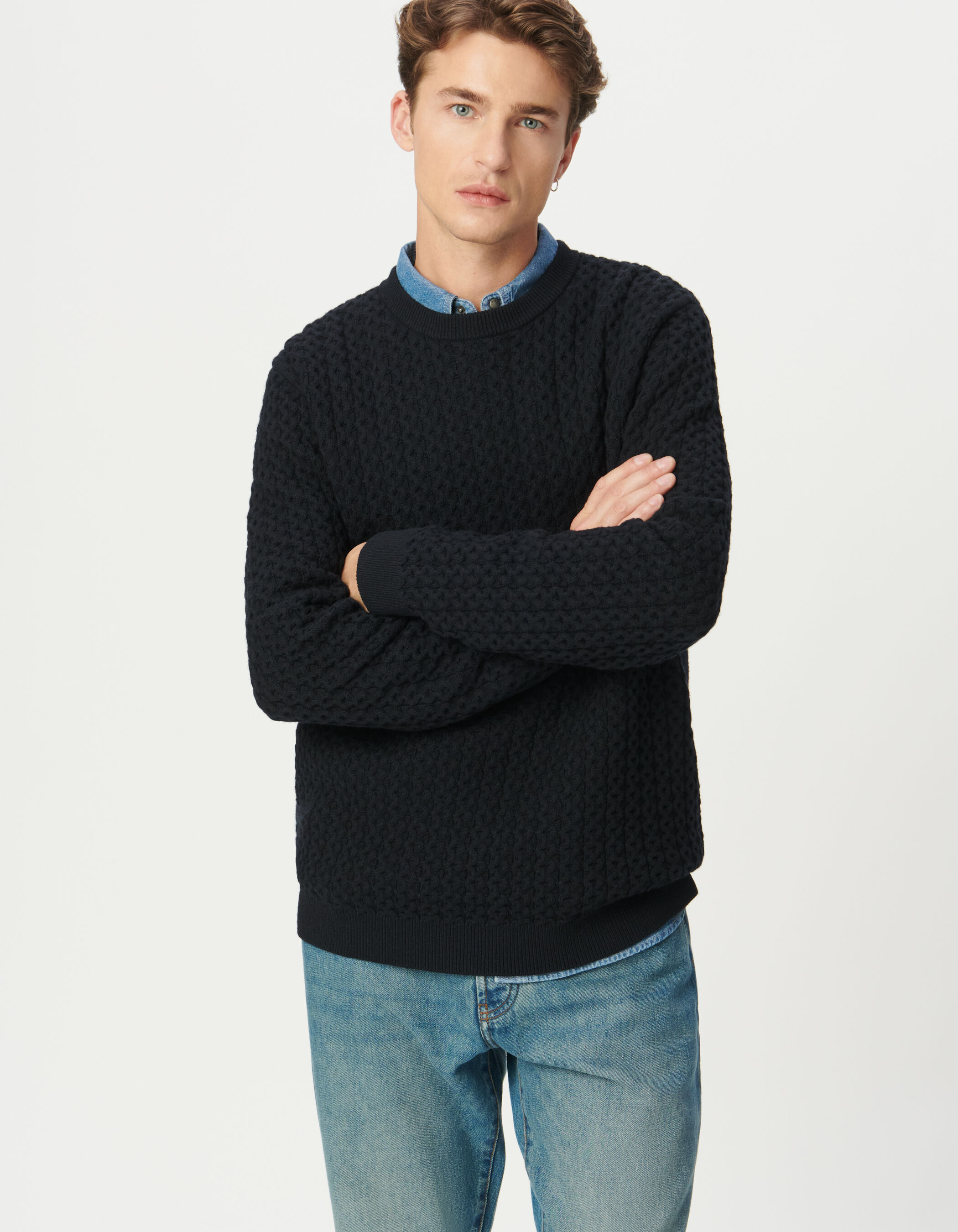 Pull hiver marine tricot relief fantaisie Homme