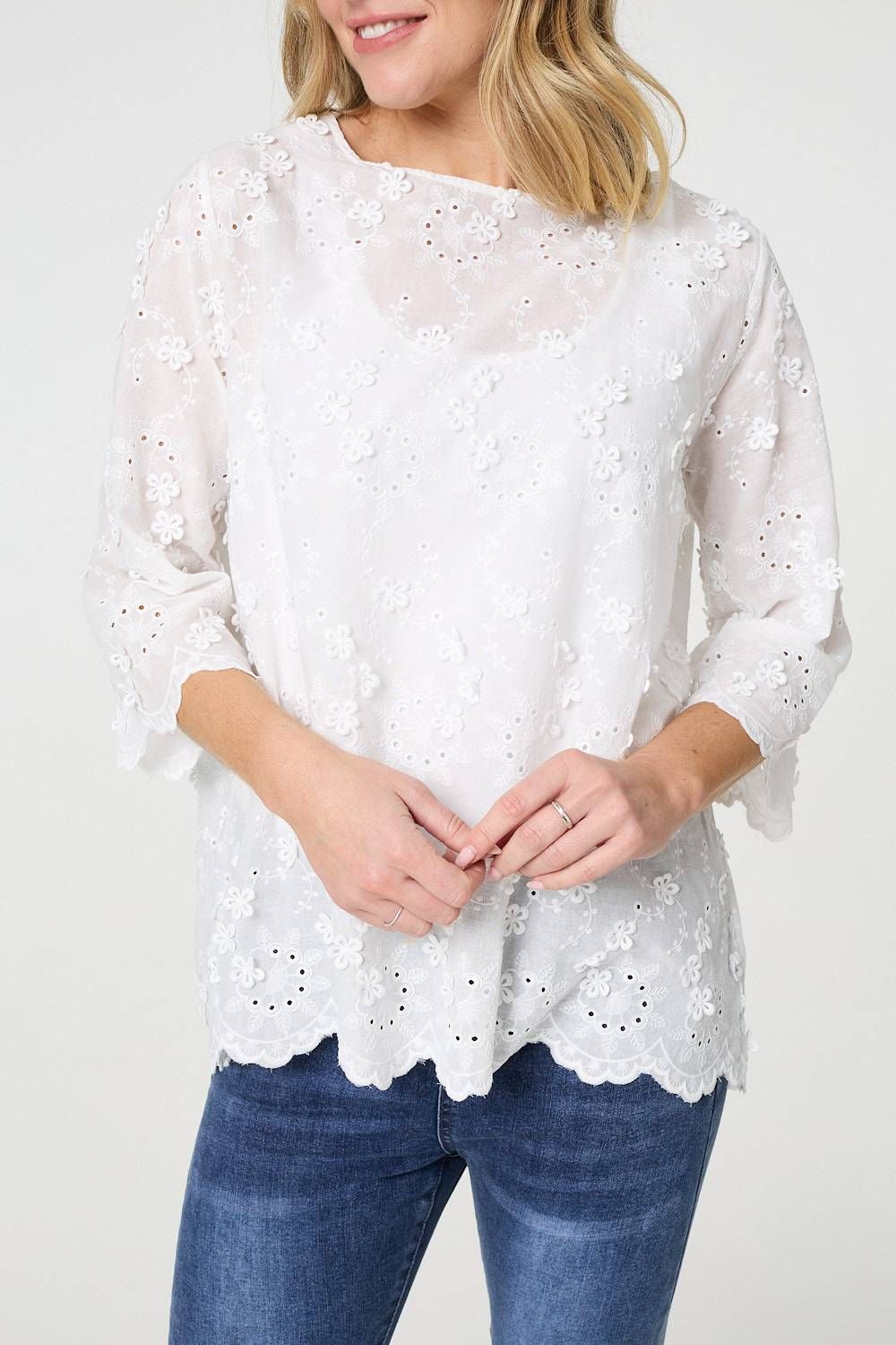Izabel London Embroidered Texture 3/4 Sleeve Blouse