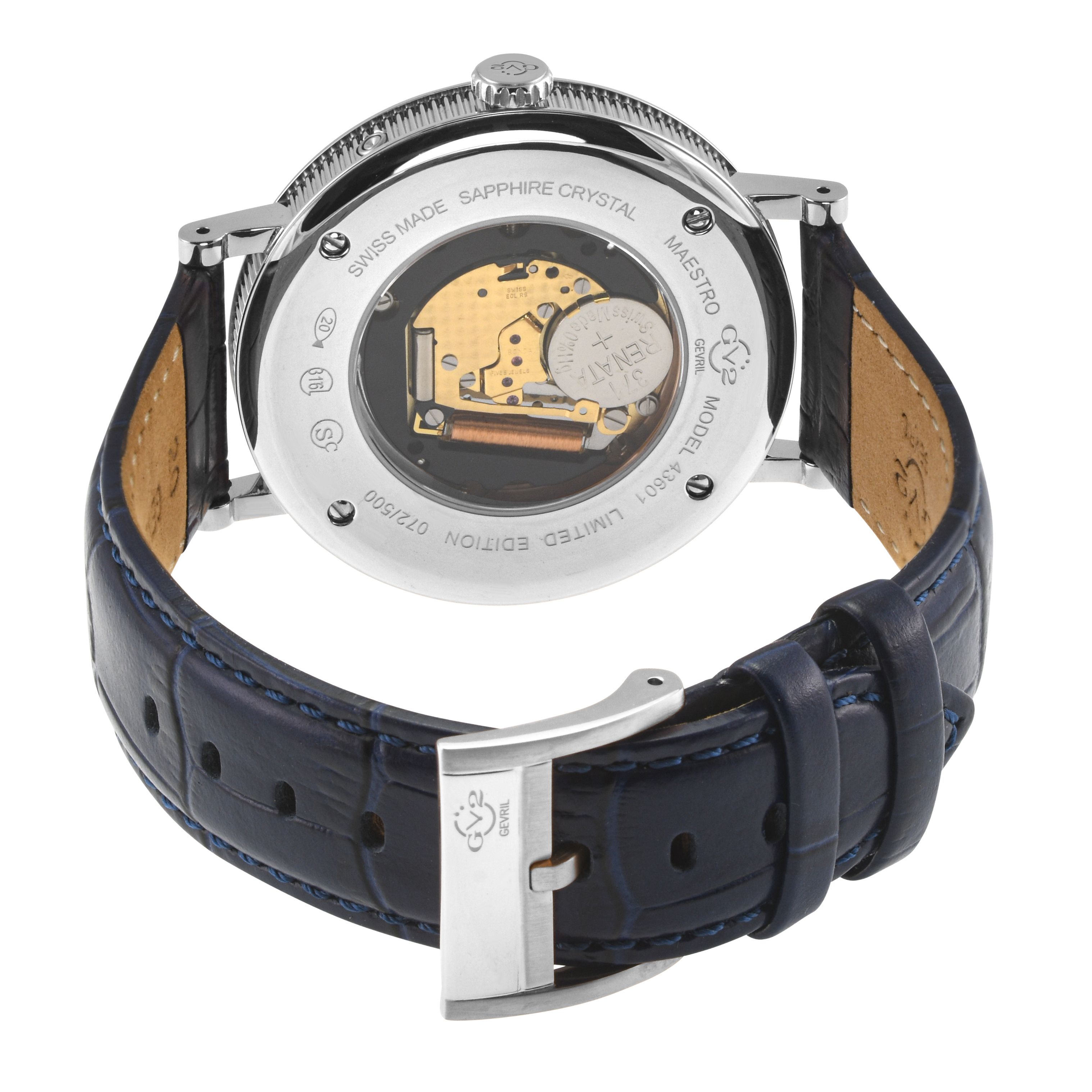 GV2 GV2 Men's Maestro SS Case, Blue Textured Dial, Blue Handmade Italian Leather Strap.