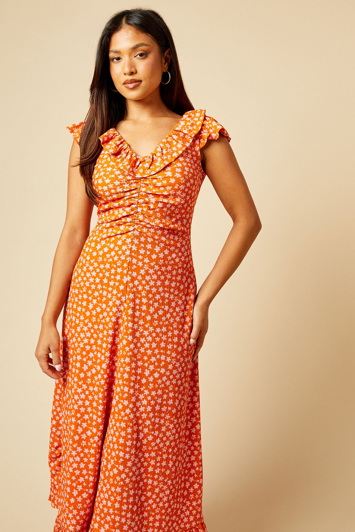 Dorothy Perkins Petite Orange Ditsy Frill Neck Ruched Front Jersey Midi Dress