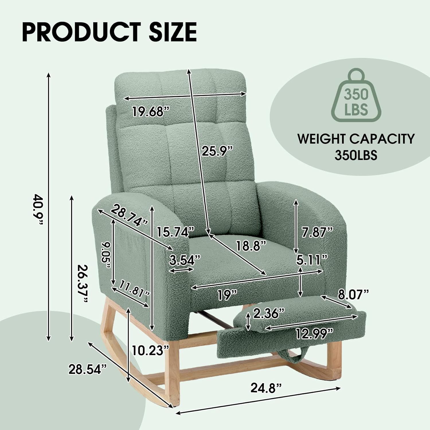 NIOIIKIT Modern Nursery Rocking Chair, Teddy Upholstered Rocking Chair with Footrest, Comfortable Rocker Chair with Side Pocket, Rocker Chair for Living Room, Bedroom, Nursing Room (Green)