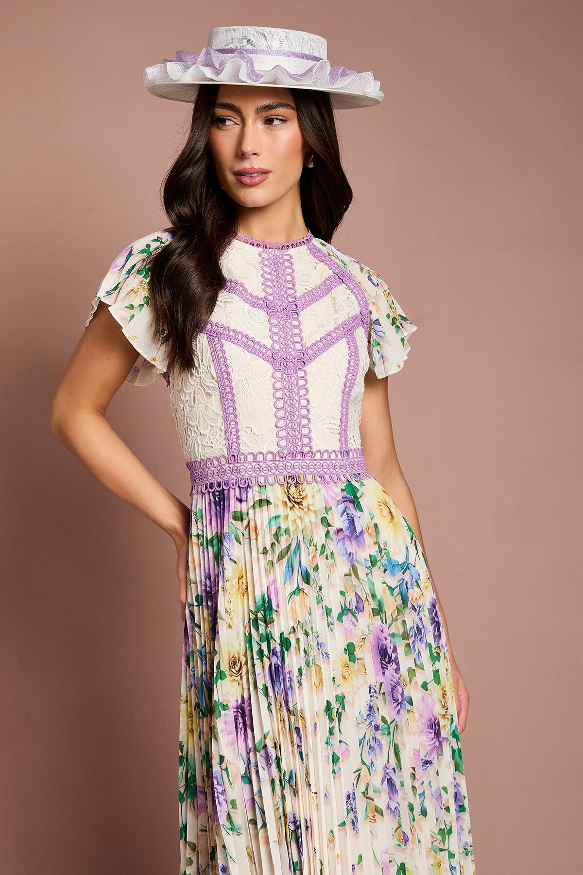 Coast Lisa Tan Floral Printed Lace Trim Pleated Midi Dress